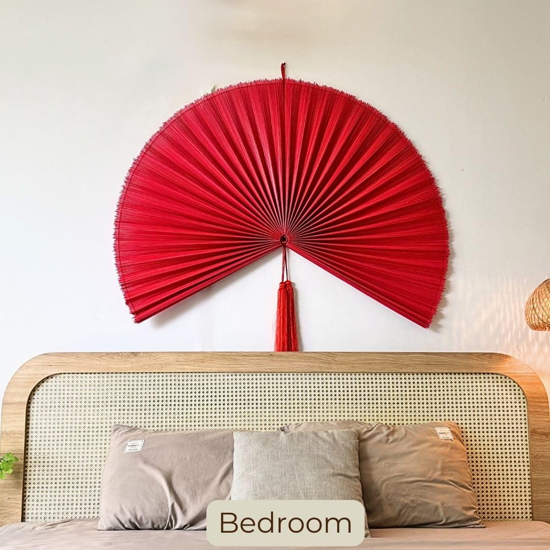 Large Folding Bamboo Wall Fan Decor - 47in Handmade Boho Fan Wall Art, Over Bed Headboard Decor for Bedroom, Living Room, and Patio - Red (M)