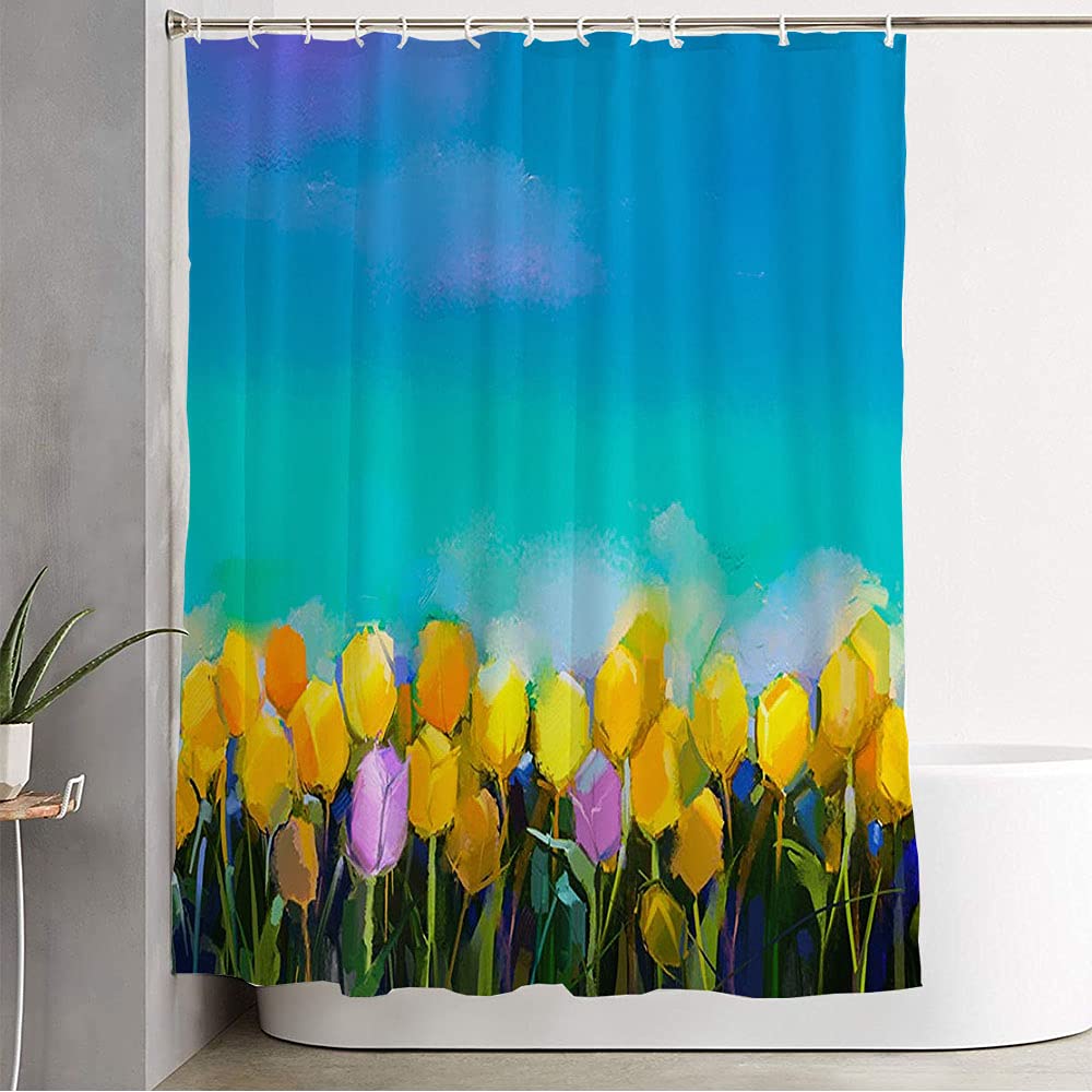 Yellow Tulip Oil Painting Shower Curtain Set - Waterproof Fabric Bathroom Decor with Hooks 60x72 Inches - Perfect for Spring Refresh & Nature-Inspired Home Decor