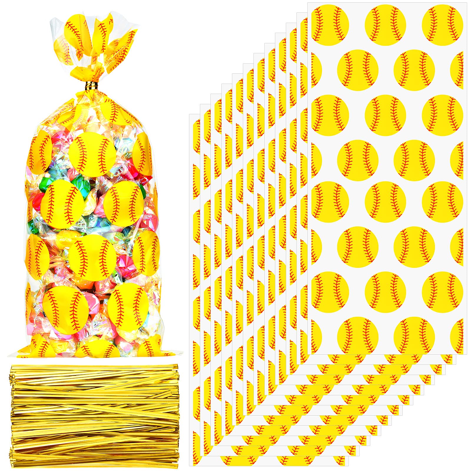 100 Pcs Softball Party Favor Bags with 200 Gold Twist Ties - Themed Plastic Goodie Bags for Snacks, Treats & Gifts - Perfect for Birthday Parties, Team Celebrations & Sports Events Decorations