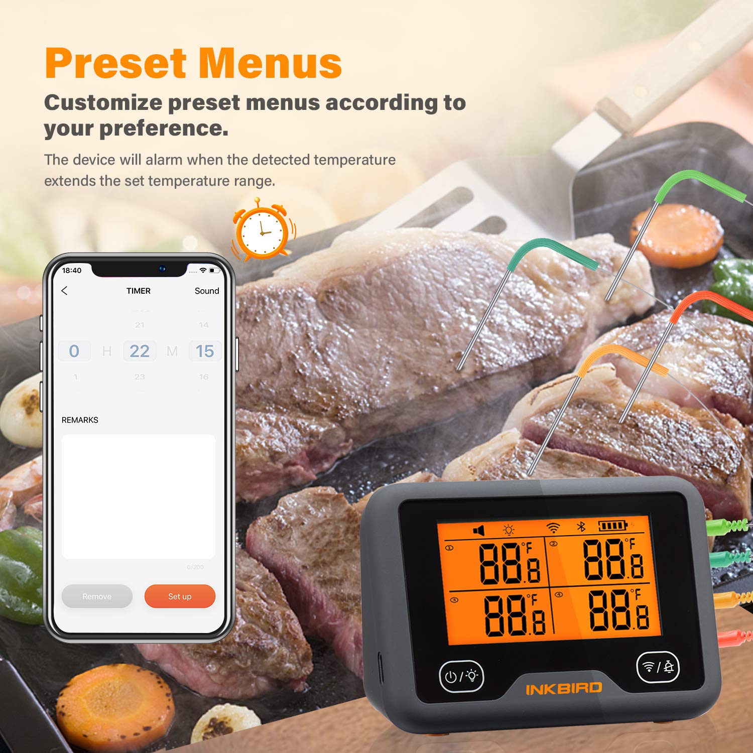 Inkbird Wi-Fi Bluetooth Grill Thermometer with 4 Probes - Wireless Digital Meat Thermometer for BBQ, Smoker, Oven & Kitchen - Perfect for Grilling, Smoking, Baking & Cooking Steak, Turkey, Chicken