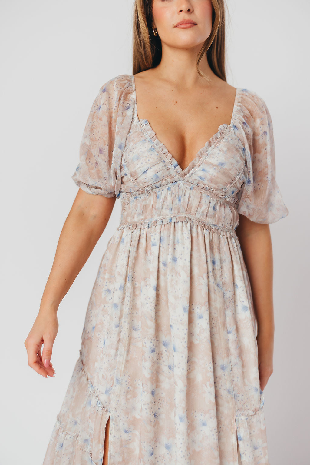 Bump Friendly Daphne Maxi Dress in Beige Blue Floral Print - Inclusive Sizing S-3XL | Maternity & Nursing Dress for Women, Perfect for Baby Showers, Beach Vacations & Summer Weddings