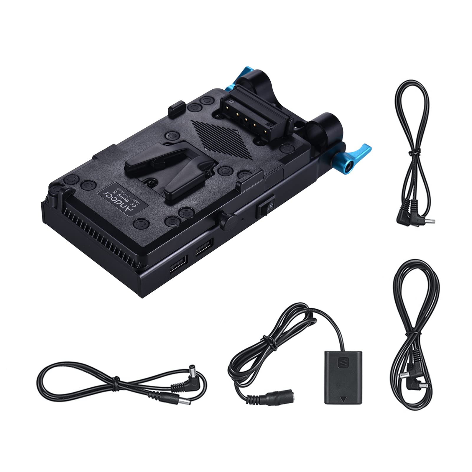 Andoer V Mount V-Lock Battery Plate Adapter with 15mm Dual Hole Rod Clamp - NP-FW50 Dummy Battery Converter for Sony A7 Series, BMPCC, BMCC & Cameras - Power Your Monitor, Audio Recorder & Film Equipment