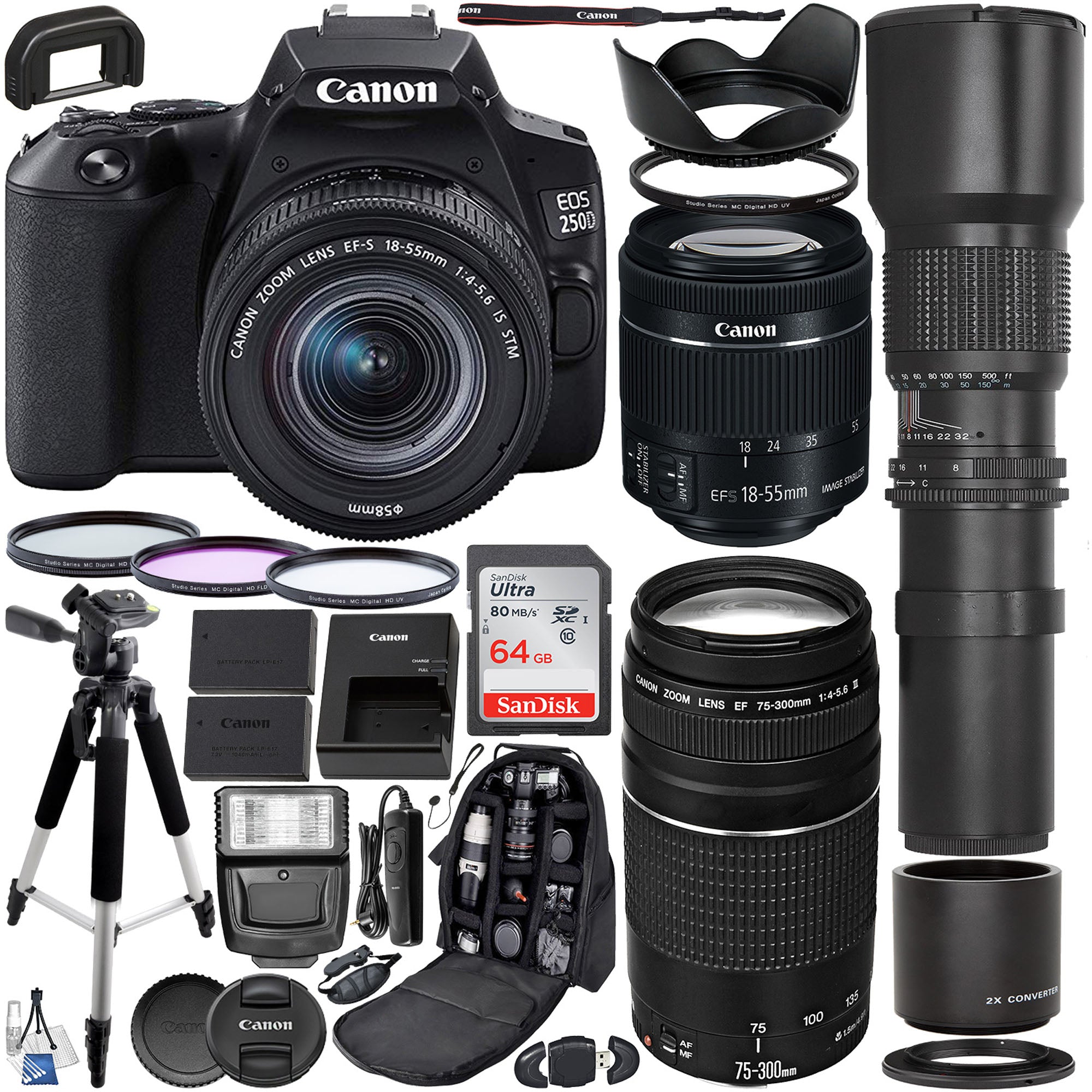 Canon EOS Rebel SL3/250D DSLR Camera Bundle with 18-55mm & 75-300mm Lenses + 500mm Telephoto Lens & Accessories Kit - Perfect for Travel Photography, Vlogging & Wildlife Shooting