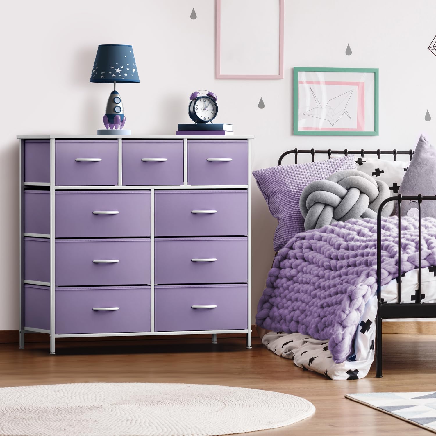 Sorbus 9-Drawer Kids Dresser with Steel Frame & Wood Top - Purple Fabric Storage Chest for Bedroom, Closet, Office Organization - Perfect for Kids' Room, Nursery, and Dormitory Storage Solutions