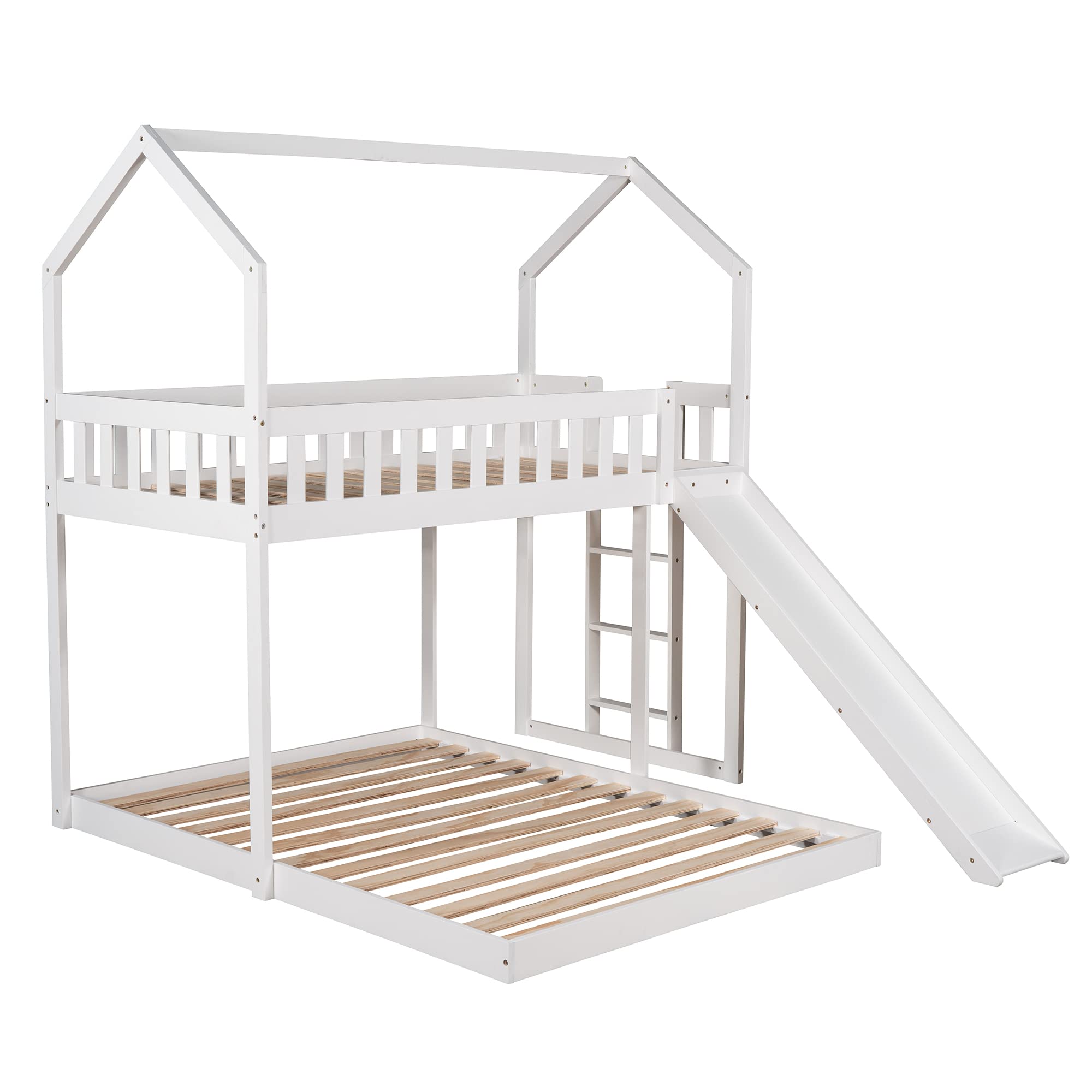 LZ LEISURE ZONE Twin Over Full Bunk Bed with Slide - Sturdy House Bunk Bed Frame with Built-in Ladder & Full-Length Guardrail - Perfect for Kids, Teens, Boys, Girls & Adults - White - Ideal for Small Bedrooms, Shared Kids Rooms & Space-Saving Sleep Solutions