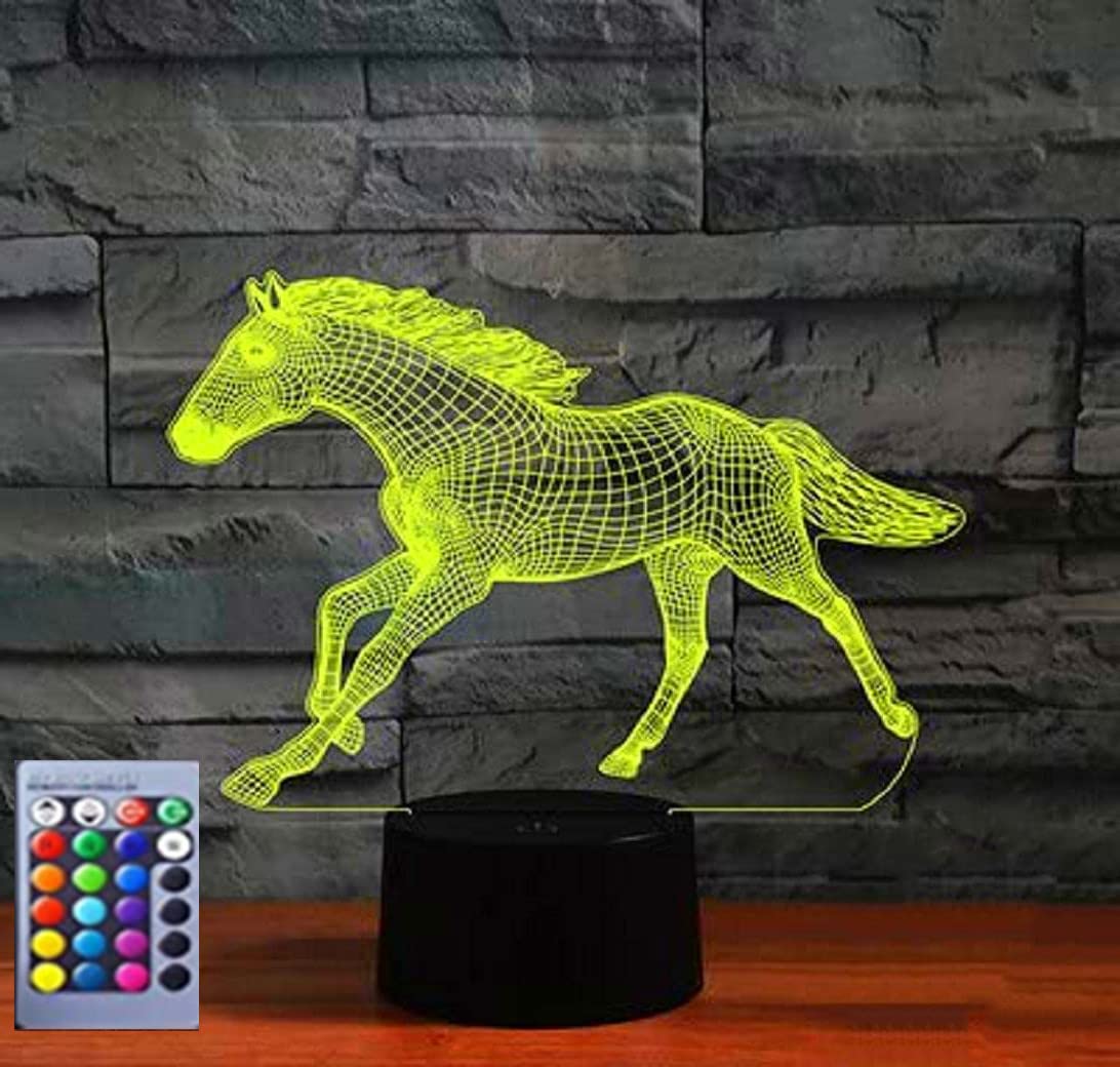3D Horse Night Light - 16 Color Changing LED Illusion Lamp with USB Cable - Acrylic Flat ABS Base for Desk, Table, Nursery & Bedroom Decor - Perfect Gift for Kids, Adults & Home Decoration