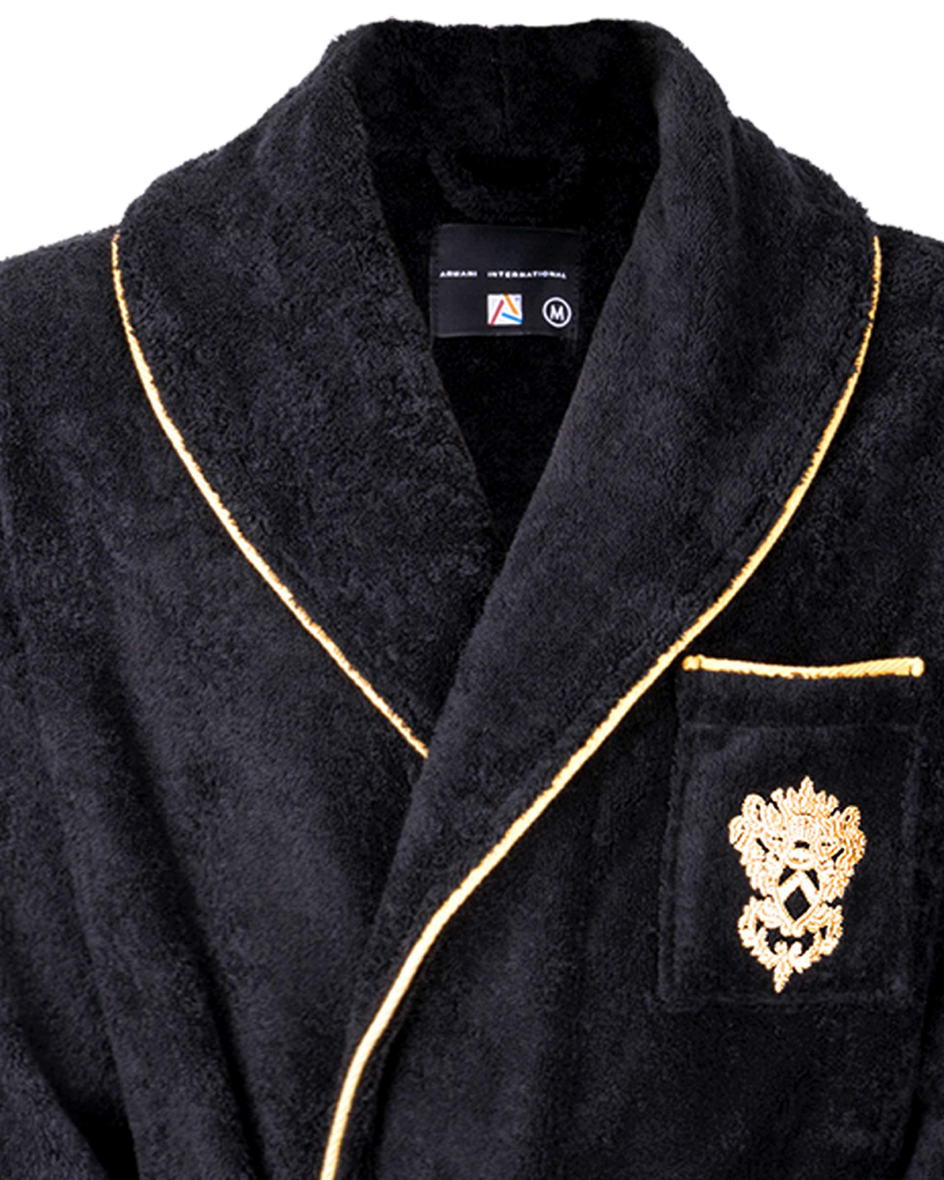 Luxury Men's Robe with Slippers & Hand Towel Set - Black Gold Medallion Piped Design - European Craftsmanship - Perfect for Spa, Home Relaxation & Gift Giving
