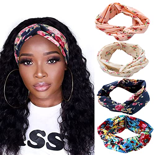 DRESHOW 4 Pack Boho Cotton Non-Slip Headbands for Women & Girls - Yoga, Workout, Running, Gym - Floral Knotted Turban Head Wraps for Sports & Everyday Wear