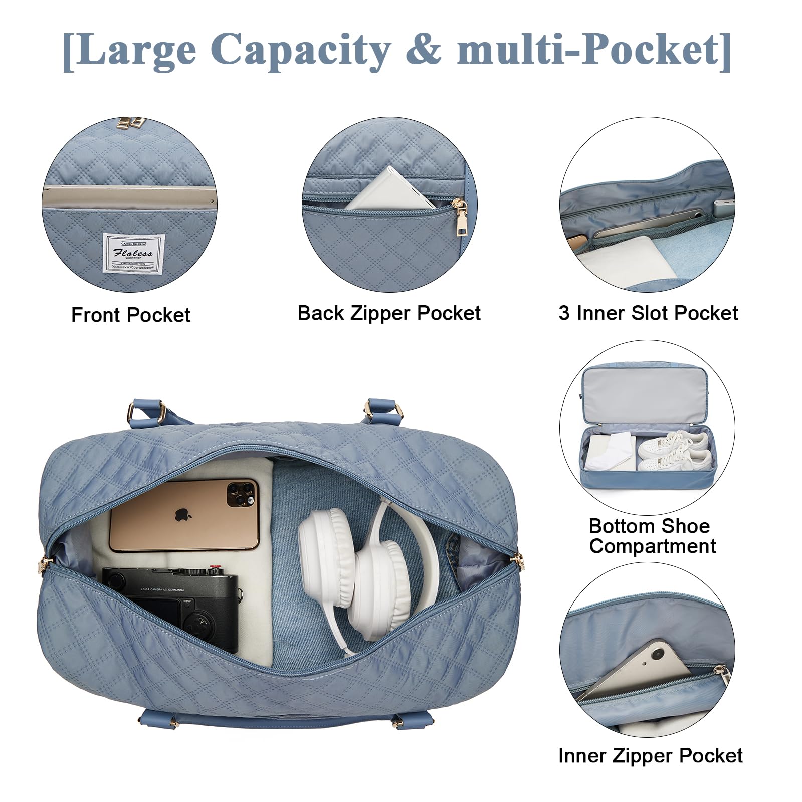 Women's Travel Duffel Bag with Shoe Compartment - Large Gym & Sports Bag for Weekend Getaways, Hospital Visits & Airplane Carry-On | Water-Resistant & Spacious B5-Grey Blue Luggage | Perfect for Workouts, Travel & Overnight Stays