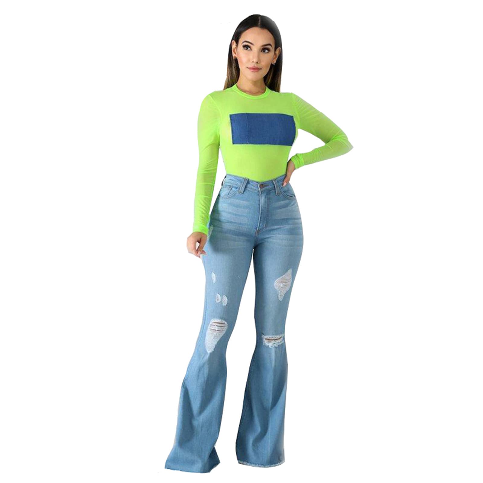 Women's Stretchy Ripped Flare Jeans - Butt Lift Skinny Trousers, Mid Rise Comfortable Casual Pants for Everyday Wear, Date Night & Office Outfits