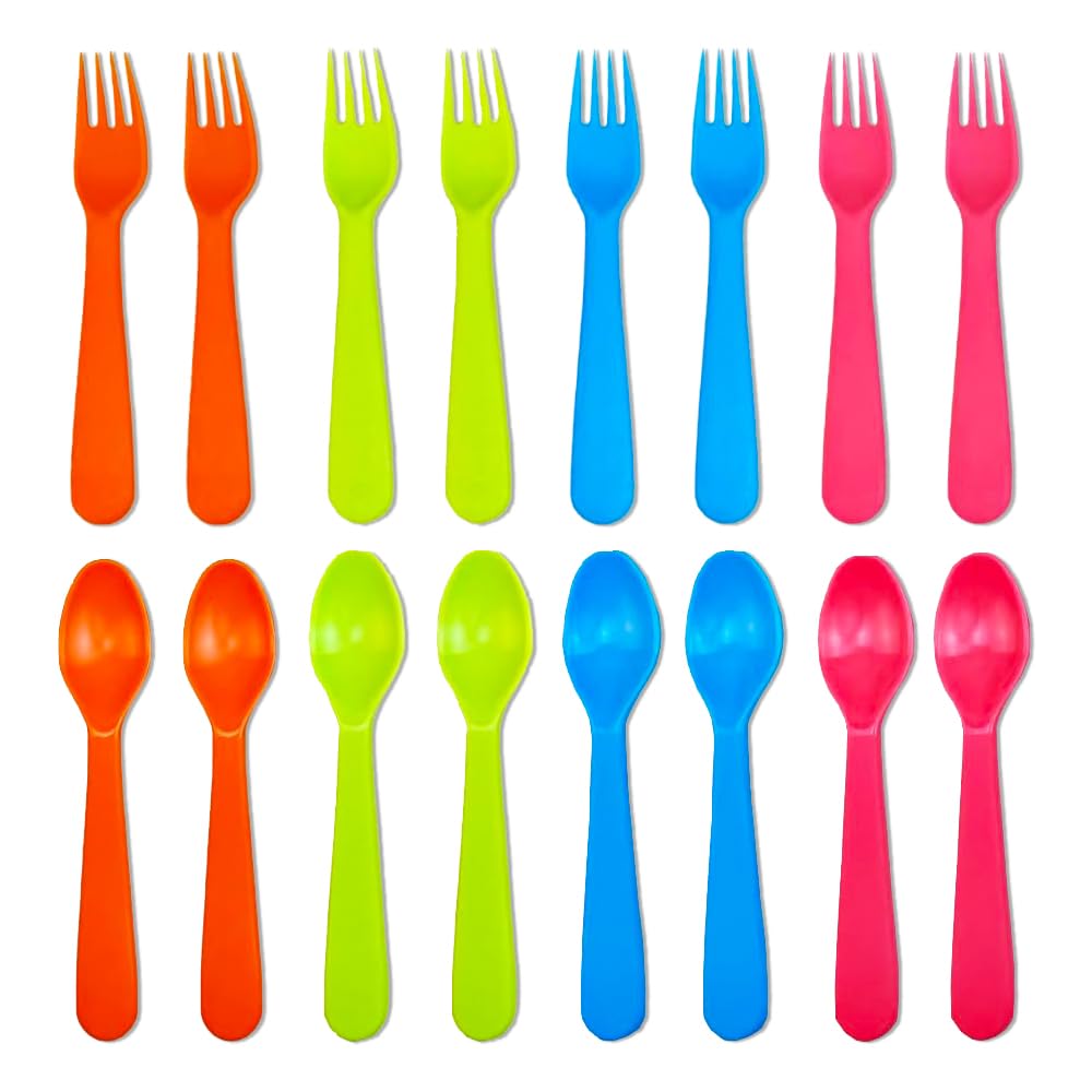 Jawbush 16-Piece Kids Plastic Utensil Set - 8 Forks & 8 Spoons | BPA-Free, Dishwasher Safe Toddler Silverware for School Lunch Boxes, Picnics & Family Meals | Colorful Reusable Children's Cutlery