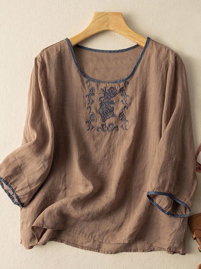Vintage Cotton Contrast Embroidery Solid Color Shirt for Women - Casual Boho Style Top for Everyday Wear, Date Nights & Outdoor Adventures