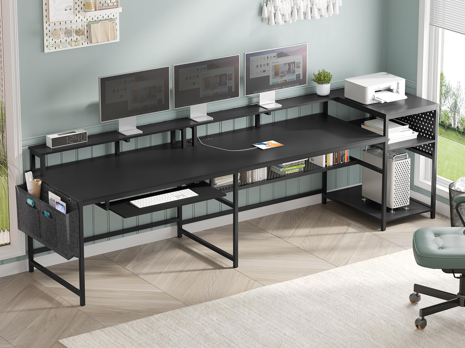 SEDETA L-Shaped Gaming Desk with Power Outlets & LED Lights - Reversible Computer Desk with Monitor Shelf, Keyboard Tray, Pegboard & Storage Shelves - Perfect for Home Office, Gaming Setup & Workstation (Black)
