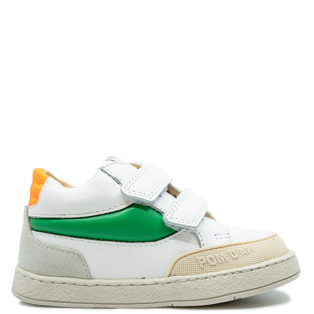 Pom D'Api White and Green Baby Sneakers - Soft Sole Comfortable First Walkers for Toddlers - Perfect for Outdoor Play and Everyday Wear