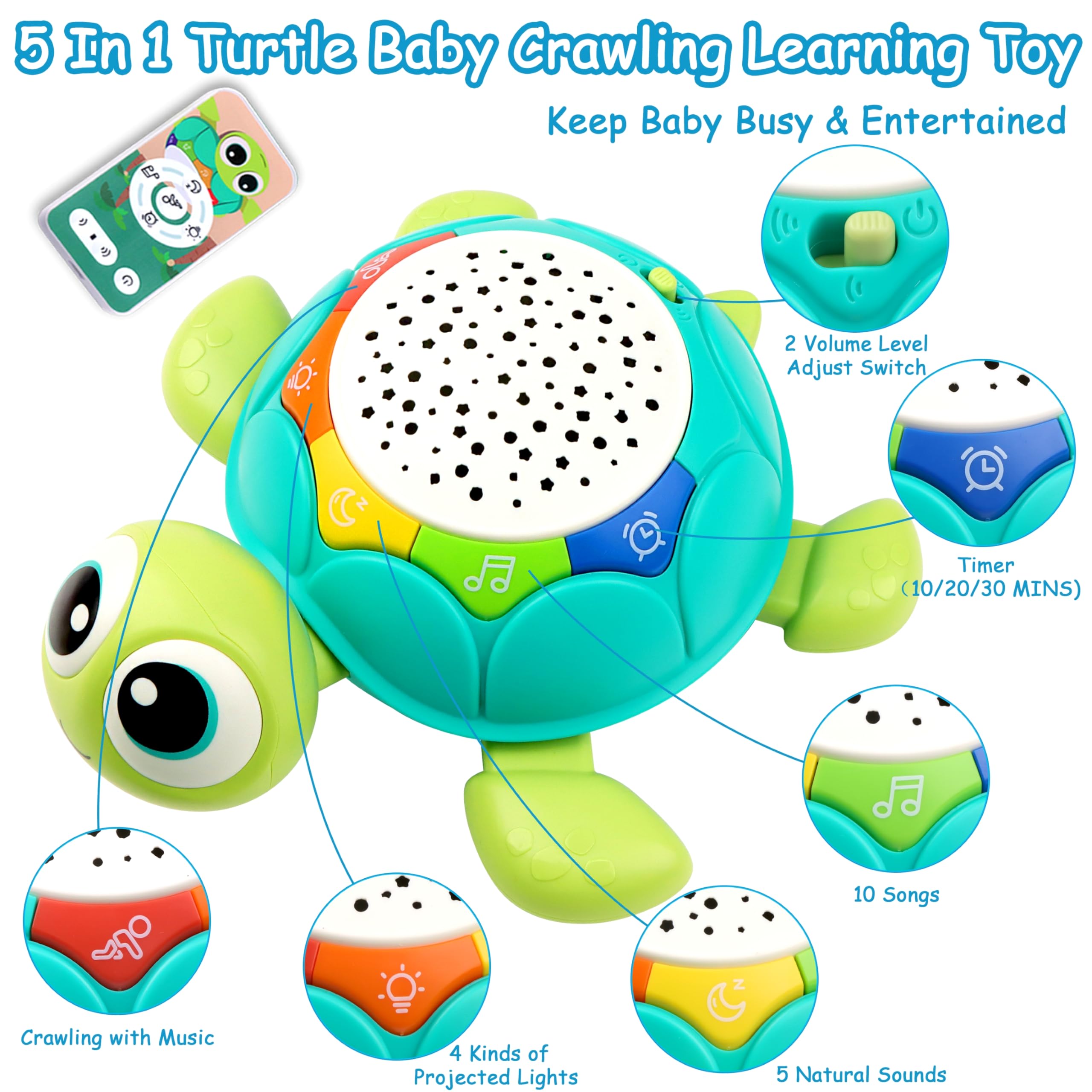 5-in-1 Musical Projector Turtle Crawling Toy for Babies 0-18 Months - Interactive Tummy Time Toy with Lights & Sounds - Perfect Baby Gift for Boys & Girls (Birthday, Christmas, Newborn) - Encourages Crawling & Sensory Development