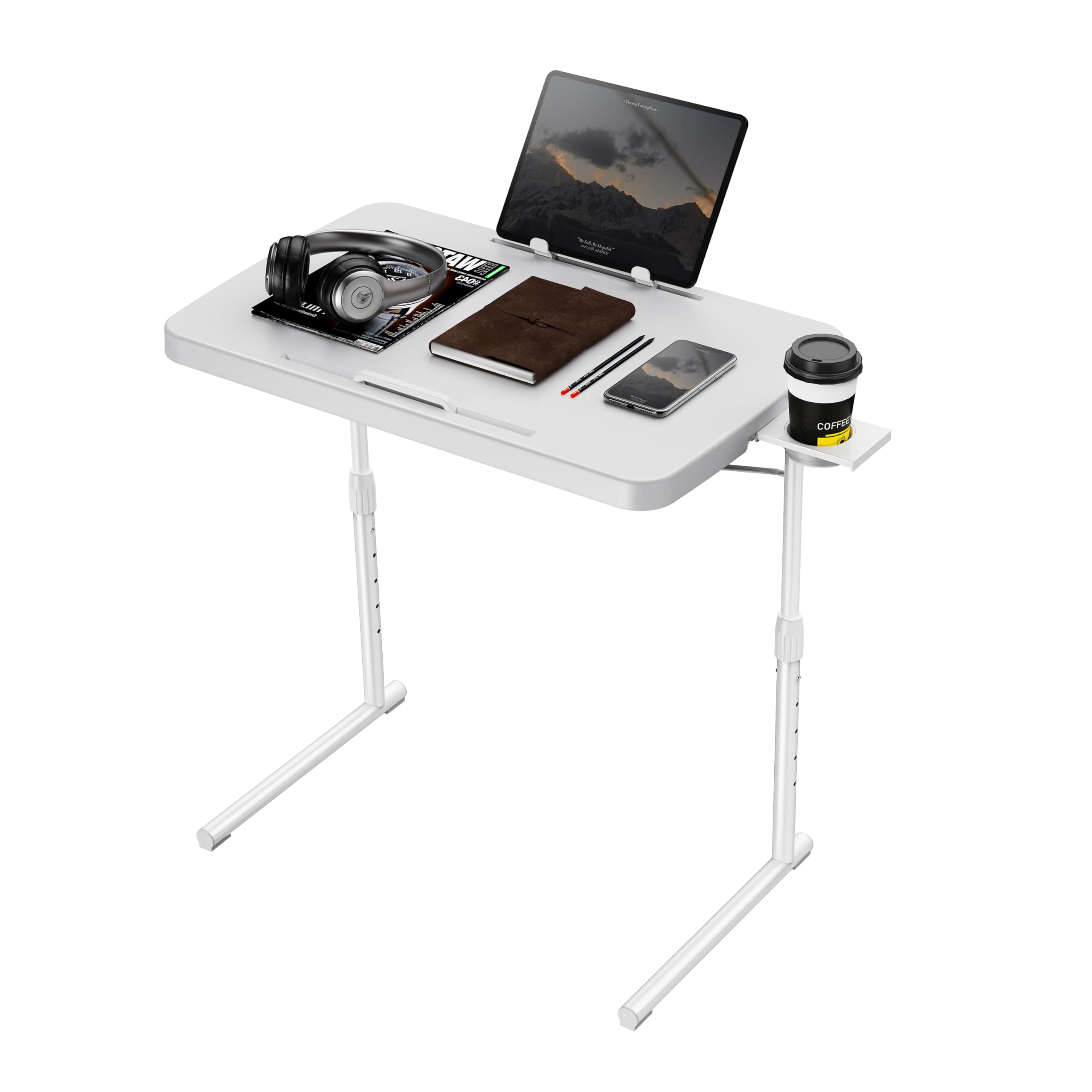 Allpop Ultra TV Tray Table - Adjustable Folding Tray with Book Stand, Cup Holder & Tablet Slot - Perfect for Eating, Working or Watching TV on Couch & Bed - White Home Office & Living Room Essential