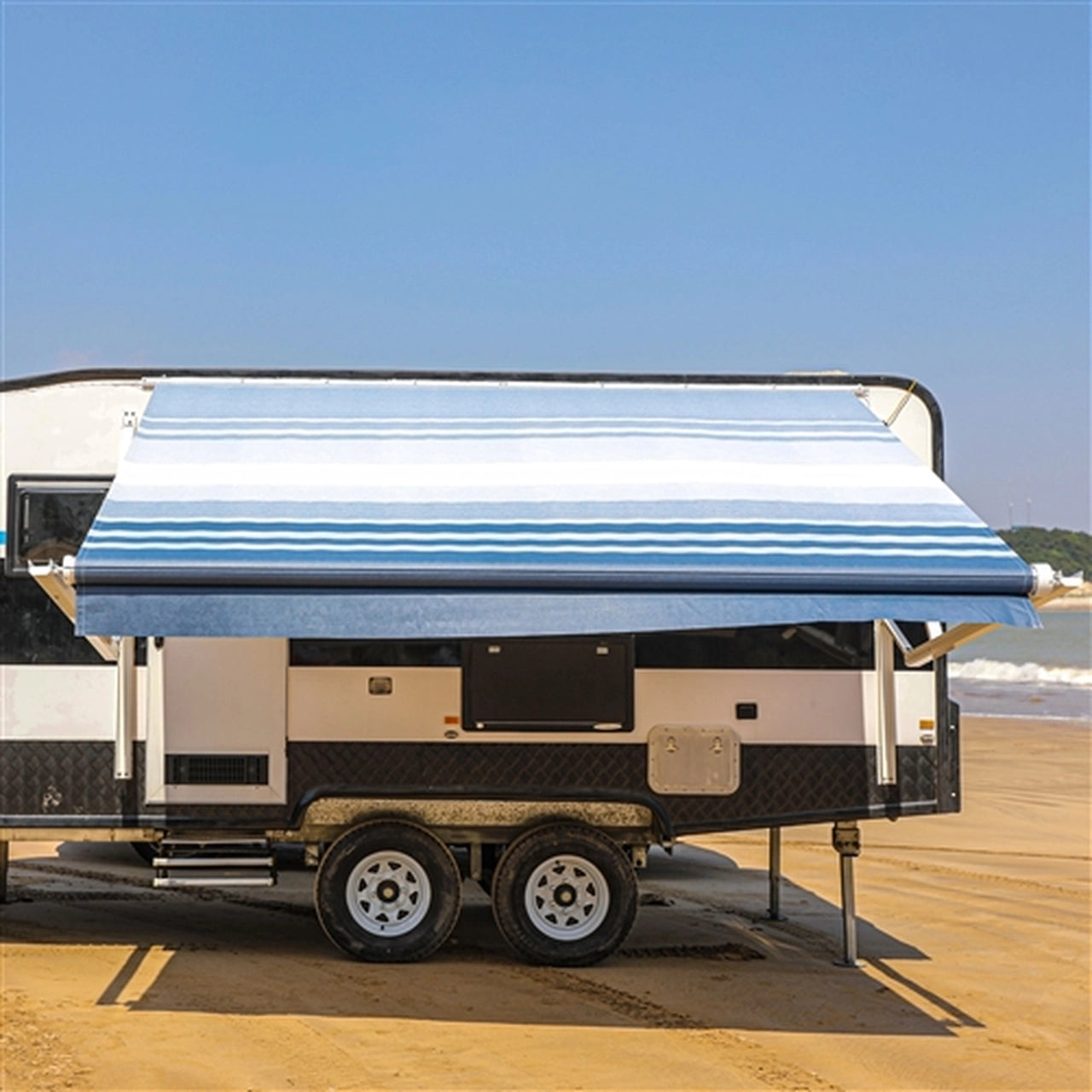 10 x 8 Feet Aleko Motorized Retractable RV Awning - Blue Striped Canopy for Camping & Outdoor Shade | Perfect for RVs, Trailers & Patio Use