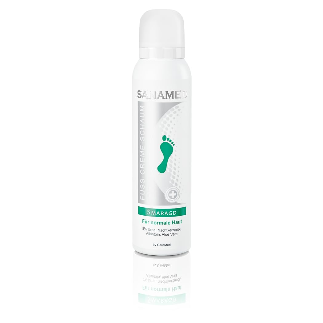 Sanamed Emerald Foot Cream Foam for Dry Skin - Urea, Evening Primrose Oil & Aloe Vera Formula | Intensive Moisturizing Treatment for Cracked Heels & Calluses | Perfect for Pedicures & Daily Foot Care