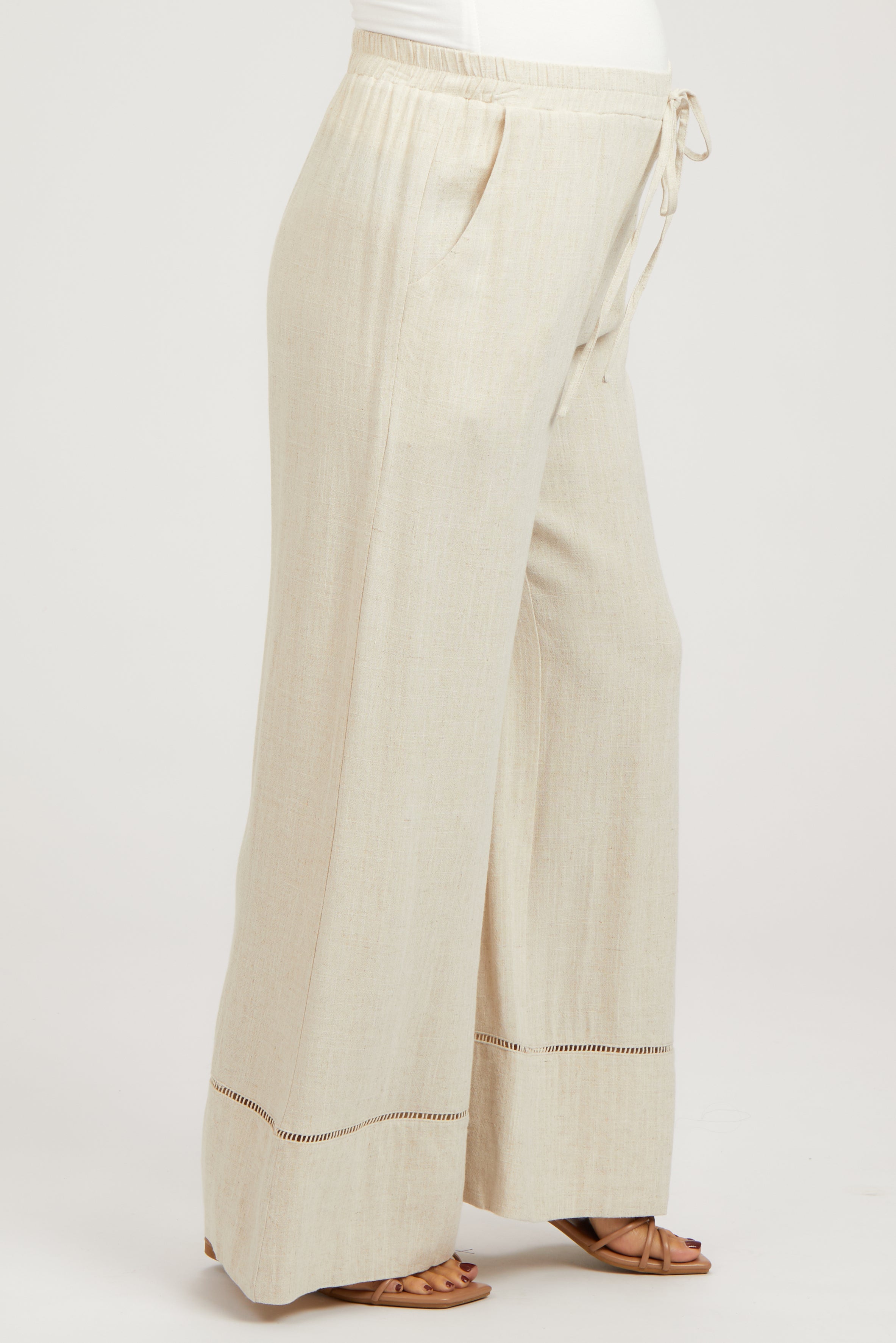 Beige Linen Maternity Pants Wide Leg with Lace Trim - Comfortable Pregnancy Pants for Work, Casual & Nursing Mothers