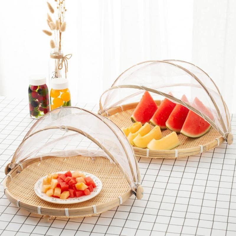 Hand-Woven Food Serving Basket with Mesh Cover - Durable Fruit, Vegetable & Bread Storage Tray for Outdoor Picnics, Parties & Home Kitchen Organization