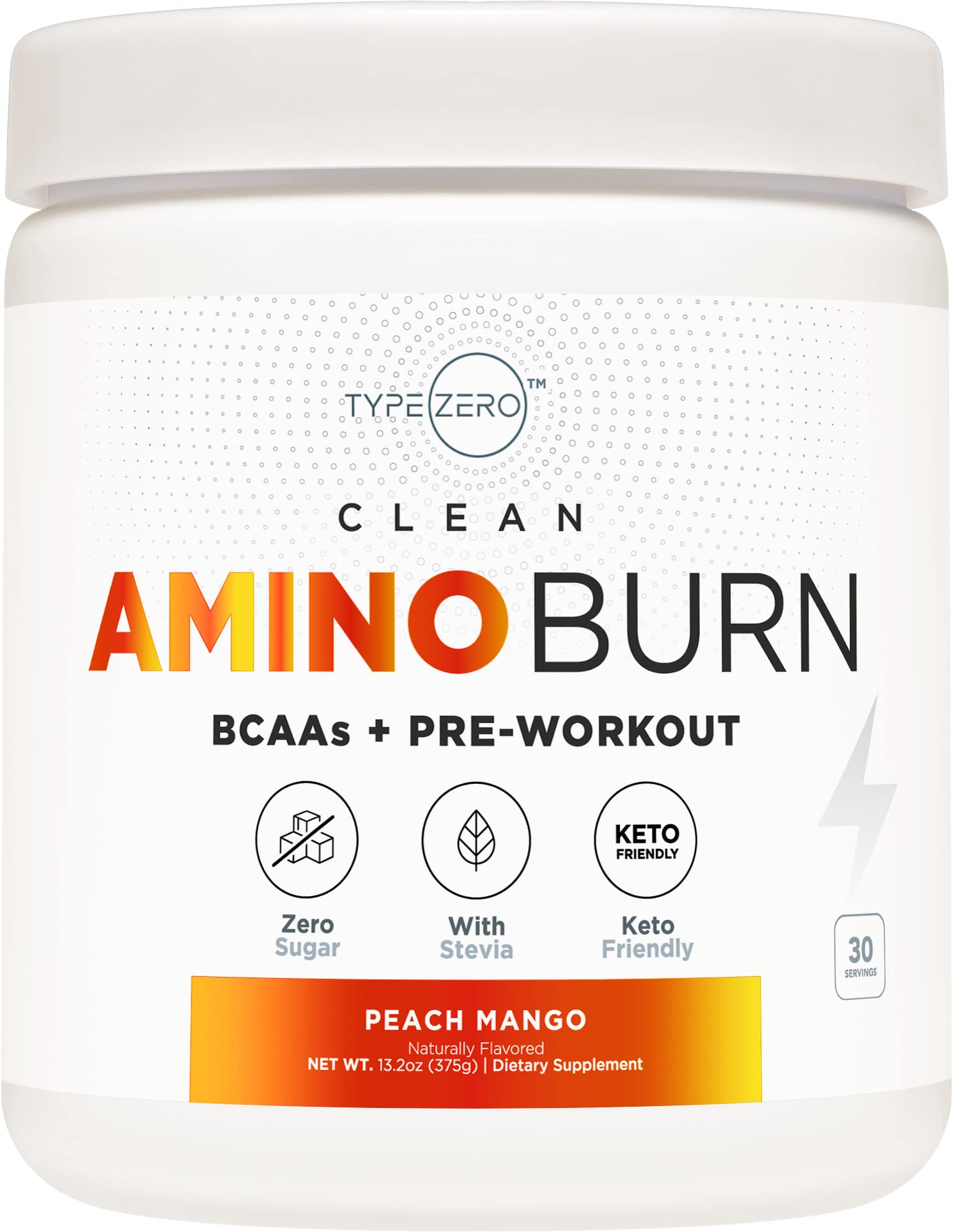 Type Zero AminoBurn - Natural Pre Workout & BCAA Supplement (Peach Mango, 30 Servings) | Sugar-Free Amino Acids for Keto, Pre & Post Workout Energy Boost | Ideal for Gym, Fitness & Weight Loss