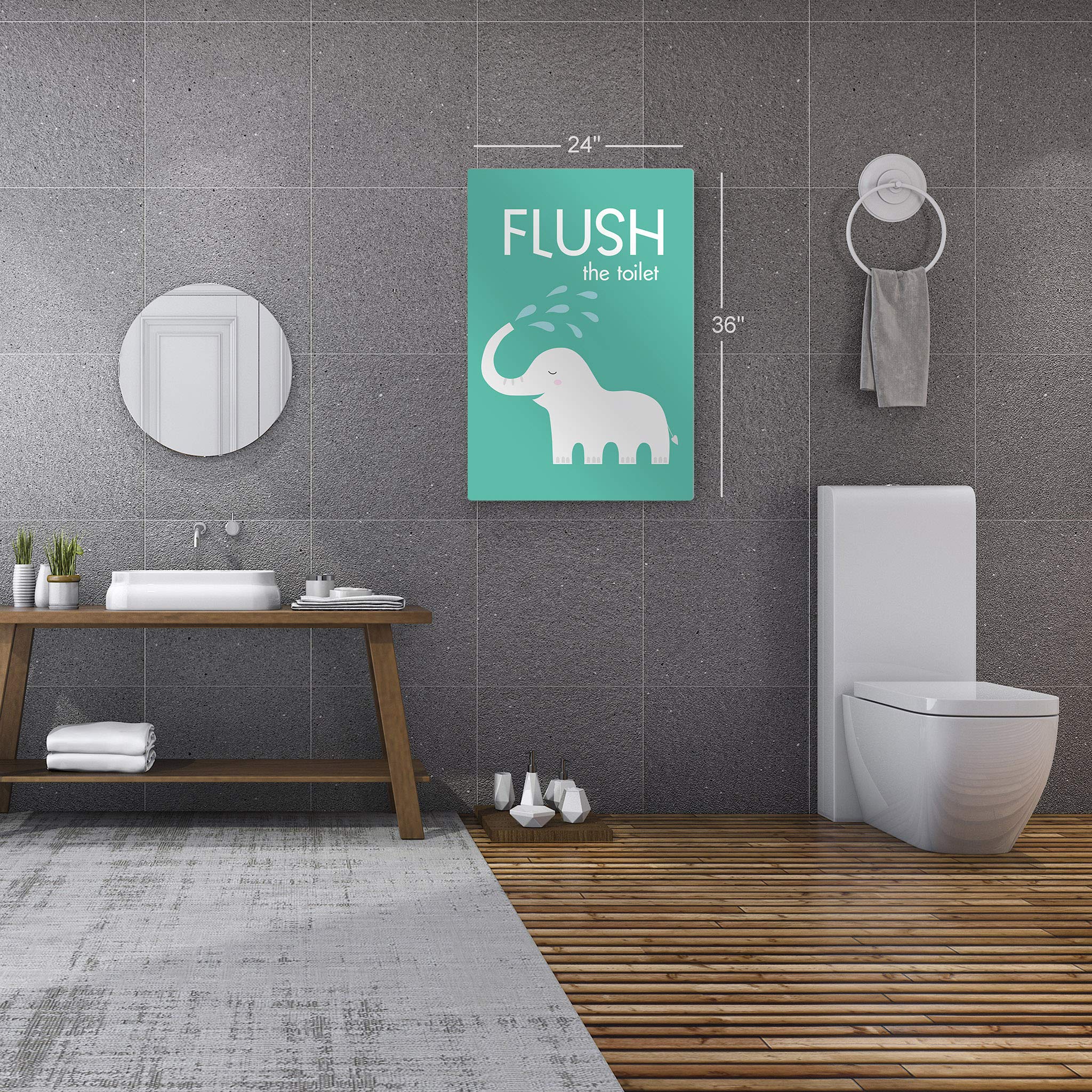 Funny Elephant Bathroom Wall Art - 'Flush The Toilet' Quote Metal Print for Kids & Nursery Decor - Ready to Hang Home Decor (30x20 Inches) | Perfect for Bathroom, Kids Room & Playroom | Made in USA