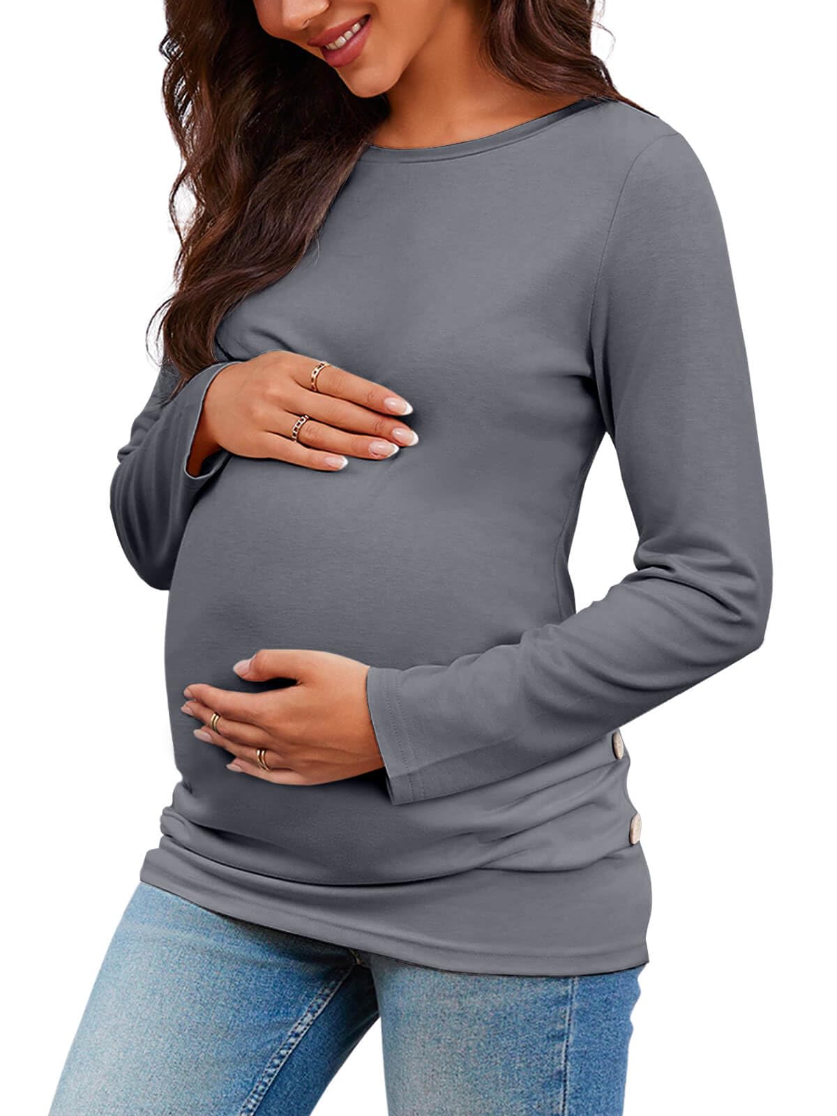Chuanqi Women's Maternity Shirt - Fall Long Sleeve Crew Neck Pregnancy T-Shirt with Side Ruched Tunic Top | Comfortable Maternity Clothes for Work, Casual Wear & Pregnancy Photos