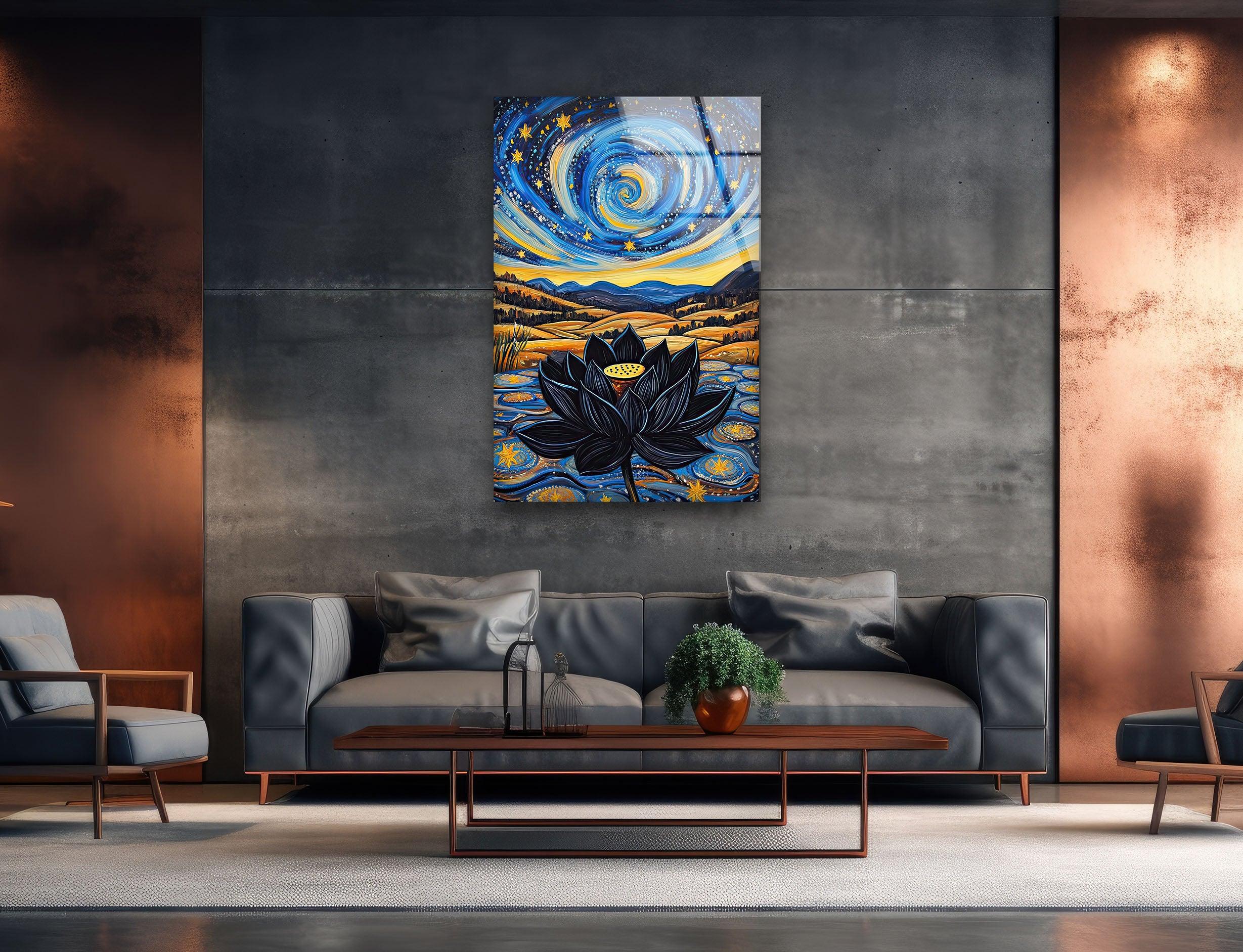 Black Lotus Glass Wall Art - Elegant Handmade Stained Glass Decor for Home & Office - Perfect for Living Room, Bedroom, and Meditation Spaces