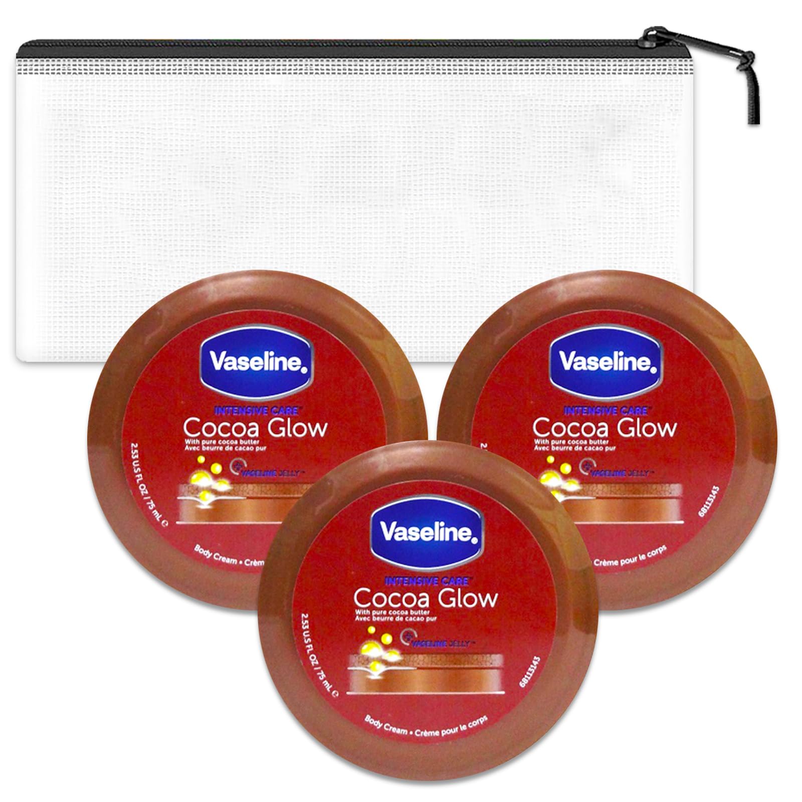 Vaseline Cocoa Glow Body Cream Travel Set - 3 Pack Bundle with 2.5 oz Moisturizer & Travel Bag | Hydrating Body Lotion for Dry Skin | Perfect for Vacation, Gym & On-the-Go Skincare