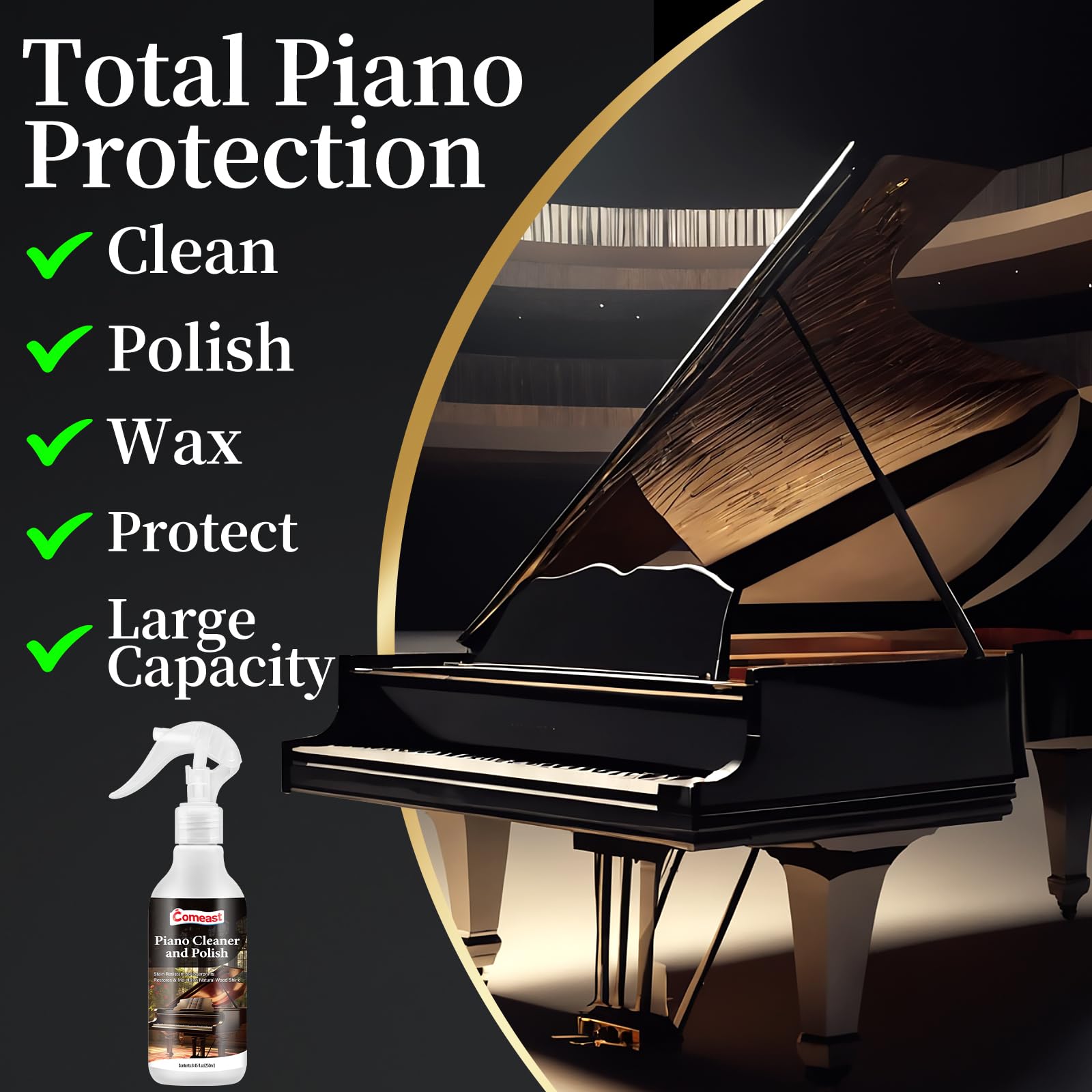 Premium Piano Cleaner & Polish - All-in-One Formula for Cleaning, Waxing & Protecting Glossy Finishes | Restores Shine, Removes Fingerprints & Stains | Enhances Wood & Lacquer Surfaces | 8.45 Fl Oz | Perfect for Home Pianos, Keyboards & Musical Instruments Maintenance