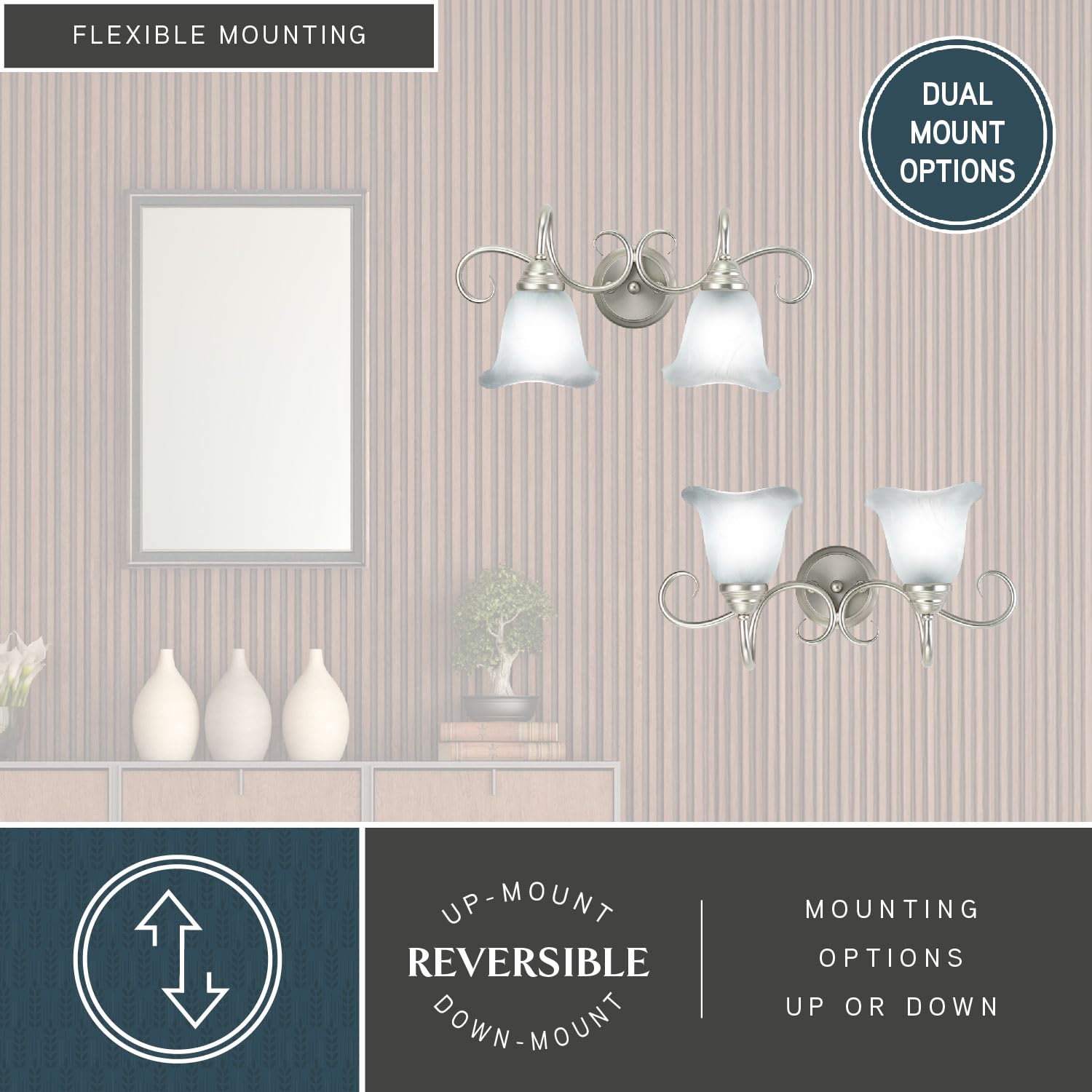VAXCEL Bella 2-Light Bathroom Vanity Fixture - Brushed Nickel Finish, Transitional Over Mirror Lighting for Bathrooms - Easy to Install - Perfect for Master Bath, Powder Room & Guest Bath Decor