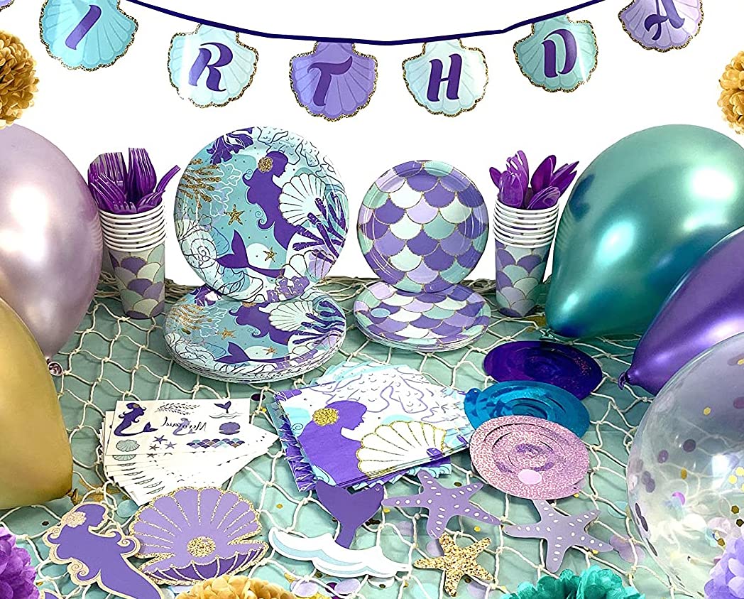 Mermaid Birthday Party Decorations Kit - Girls Mermaid Theme Party Supplies with Banner, Balloons, Tattoos & Tablecloth - Perfect for Underwater Themed Birthday Celebrations & Ocean Fantasy Decor