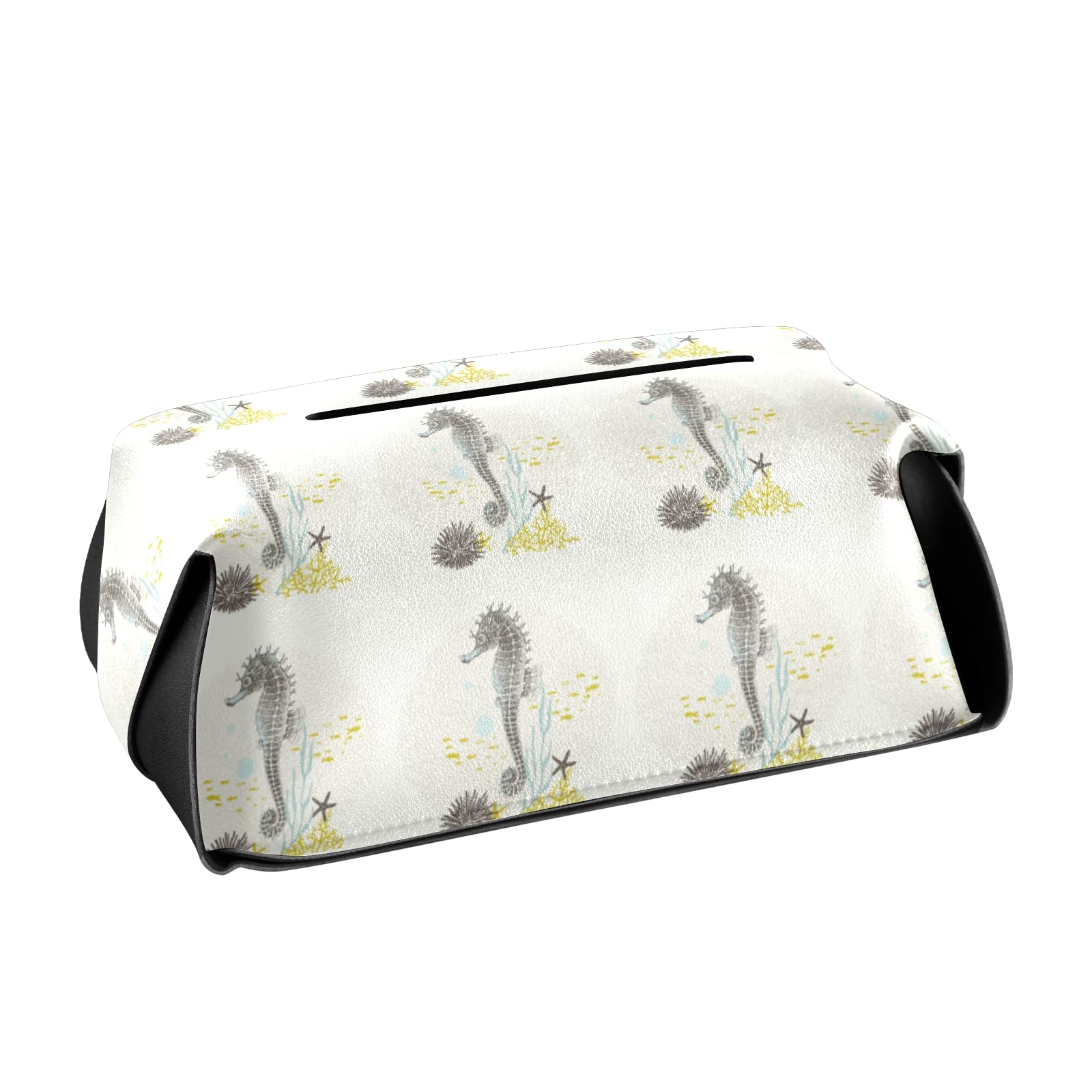 Seahorse Coral Reef Leather Tissue Box Cover - Watercolor Starfish, Fish & Plants Design - 9.4x5.1x3.6 Inch Square Bathroom Vanity Organizer for Home, Office, Car & Nightstand Decor