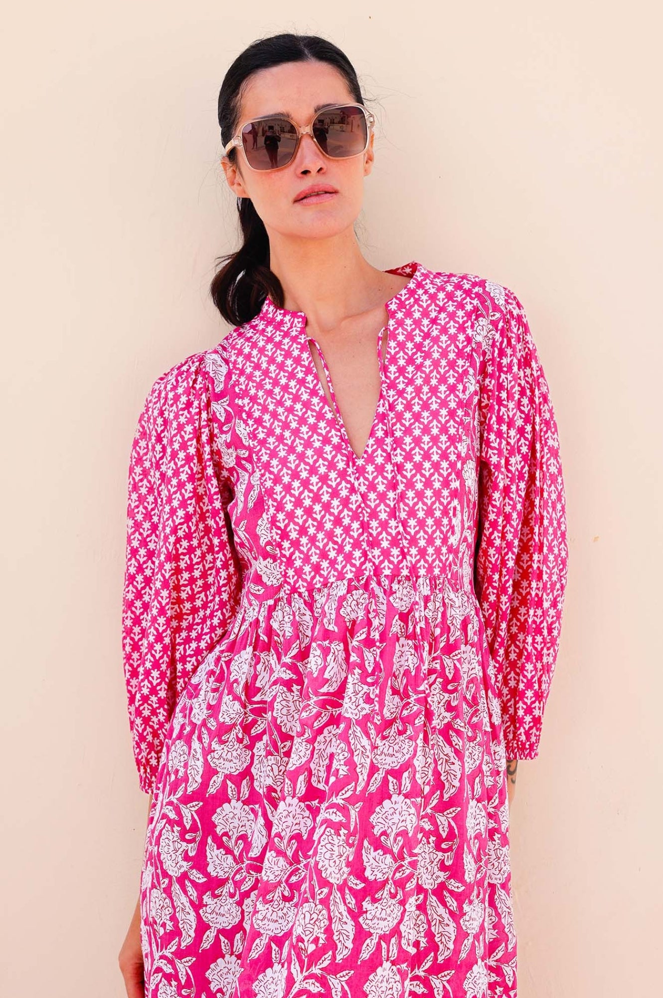 Martha Organic Cotton Mix Print Dress - Dianthus Floral Pink & White | Women's Casual Summer Dress for Beach, Brunch & Outdoor Events