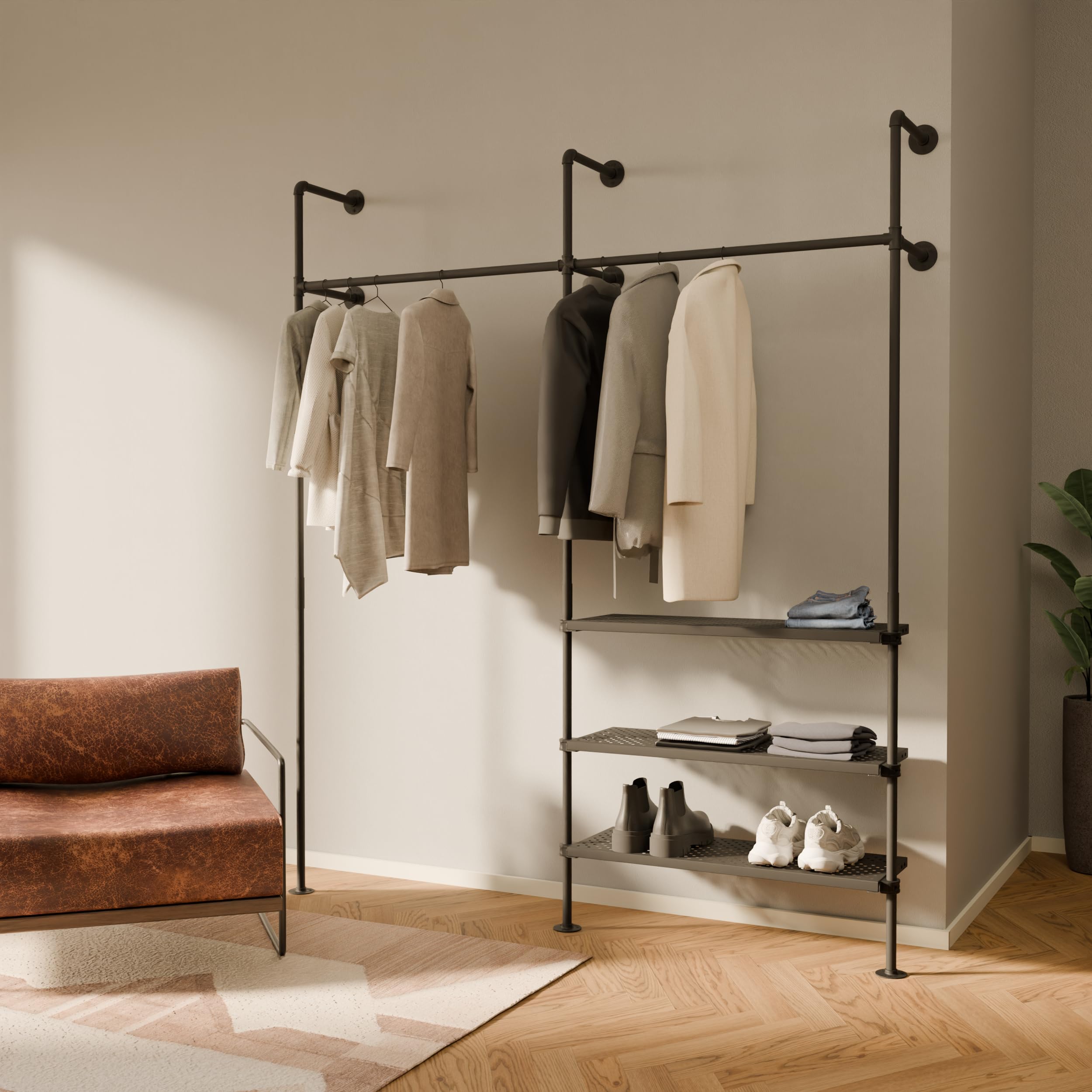 Heavy Duty Industrial Pipe Clothing Rack with Shelf - 520 lbs Capacity Wall Mounted Garment Rack - Walk In Closet Organizer with Metal Shelf for Wardrobe Storage - Perfect for Bedroom, Laundry Room & Commercial Use