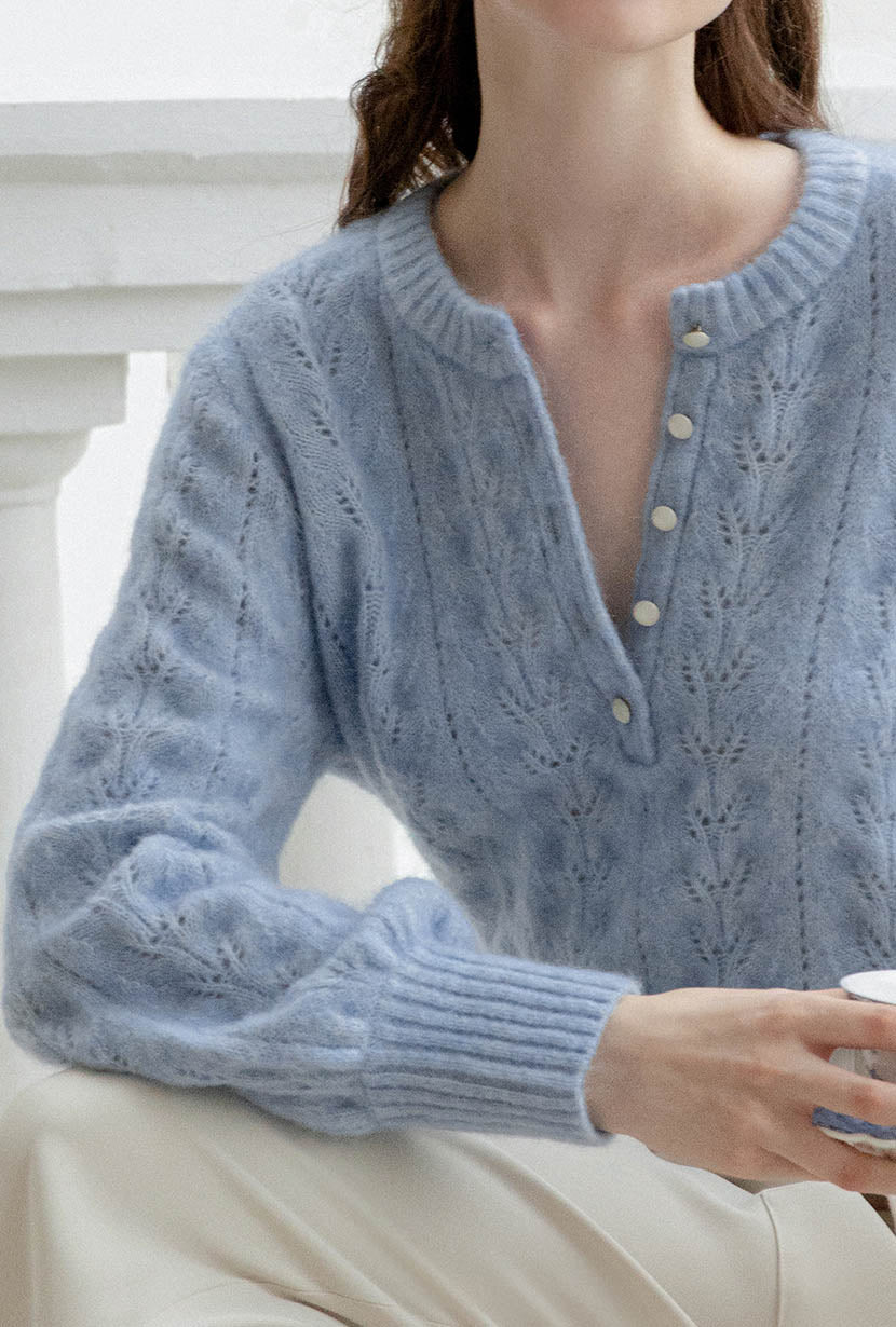 Stylish Paisley Mohair Sweater in Dusty Blue | Soft & Cozy Winter Knitwear for Women | Perfect for Casual Outings & Holiday Gatherings