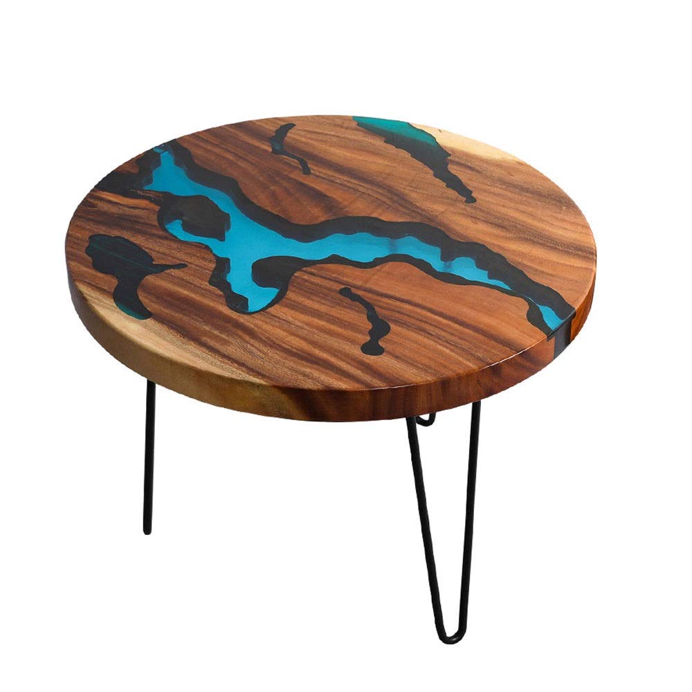 Modern Walnut Coffee Table with Iron Base - Round Solid Wood Resin Nightstand for Small Spaces | Scandinavian Nordic Style Side Table for Living Room, Bedroom & Bay Window Decor