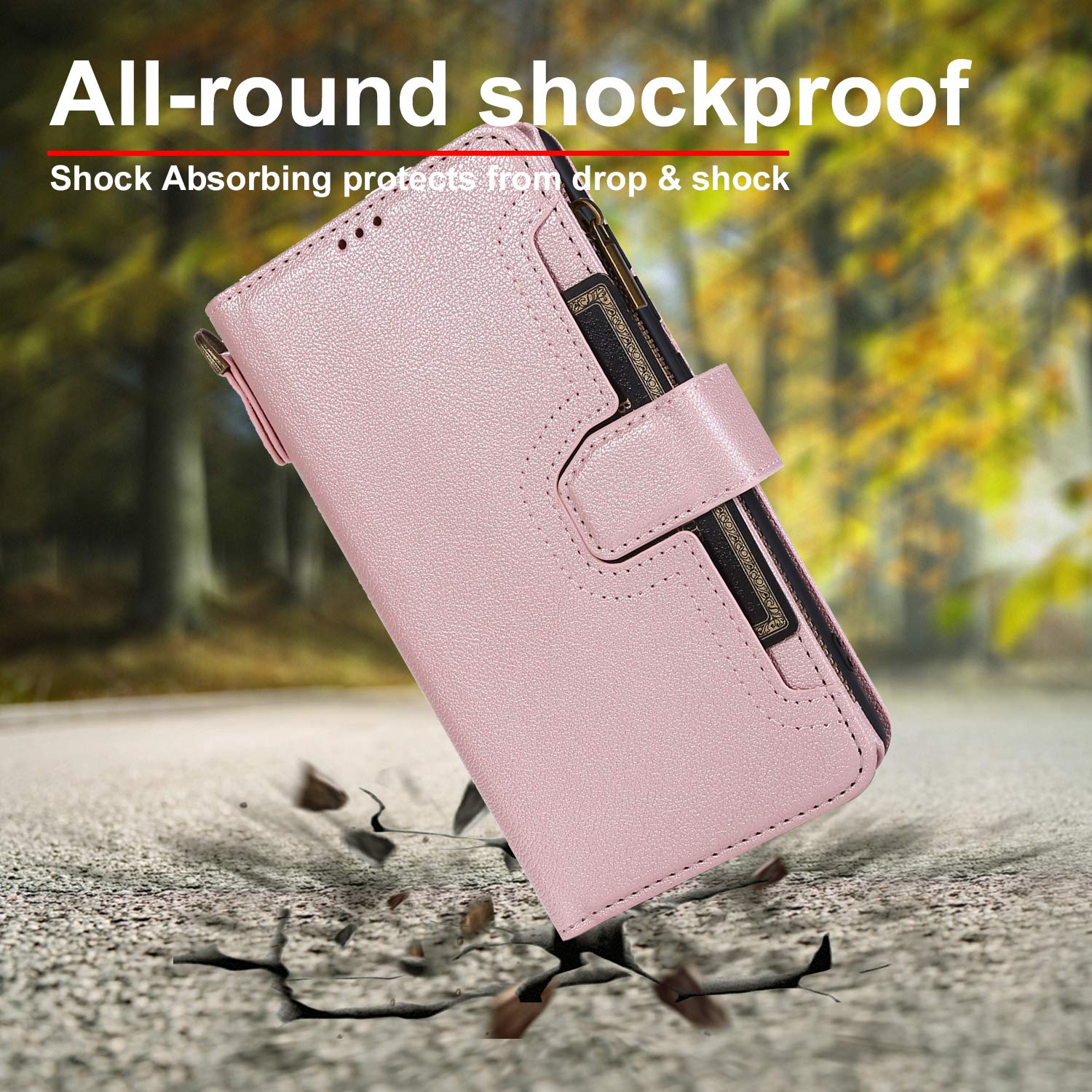 Premium Leather Wallet Case for Samsung Galaxy A41 - Card Holder, Kickstand, Wrist Strap & Magnetic Closure | Large Capacity Zipper Purse | Perfect for Work, Travel & Everyday Use (Rose Gold)