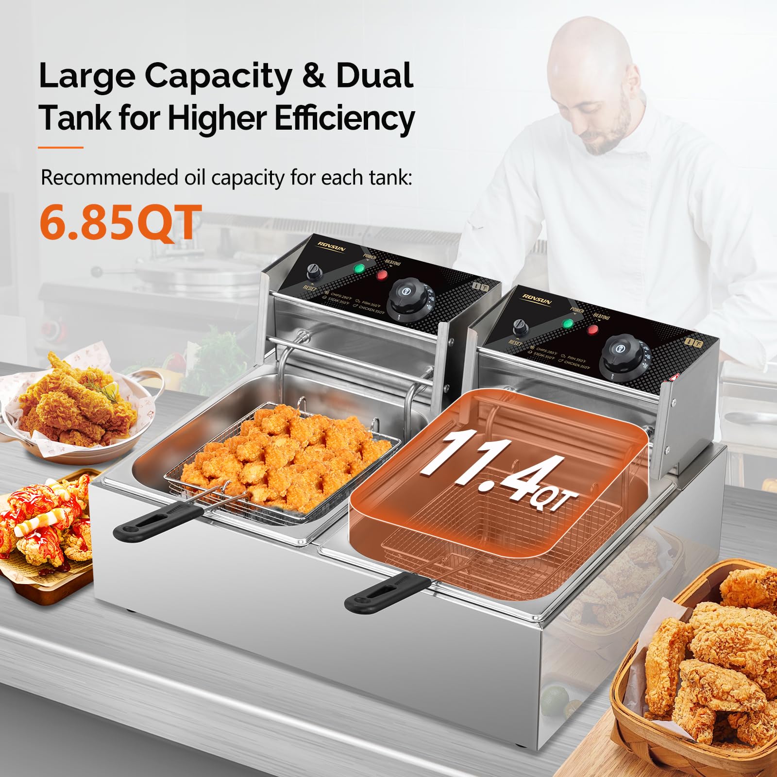 ROVSUN 22.8QT/21.6L Commercial Stainless Steel Electric Deep Fryer - Dual Tank Countertop Fryer with Baskets & Lids - Adjustable Temperature 3400W - Perfect for French Fries, Donuts, Chicken Wings & More - Ideal for Restaurants, Food Trucks & Home Kitchens