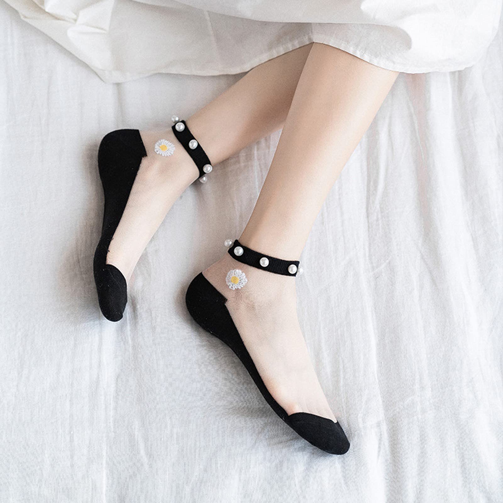 5 Pairs Women's Daisy Sheer Mesh Socks - Pearl Low Cut Ultra Thin Breathable Summer Socks (Black, One Size) | Perfect for Casual Wear, Office, and Summer Outfits