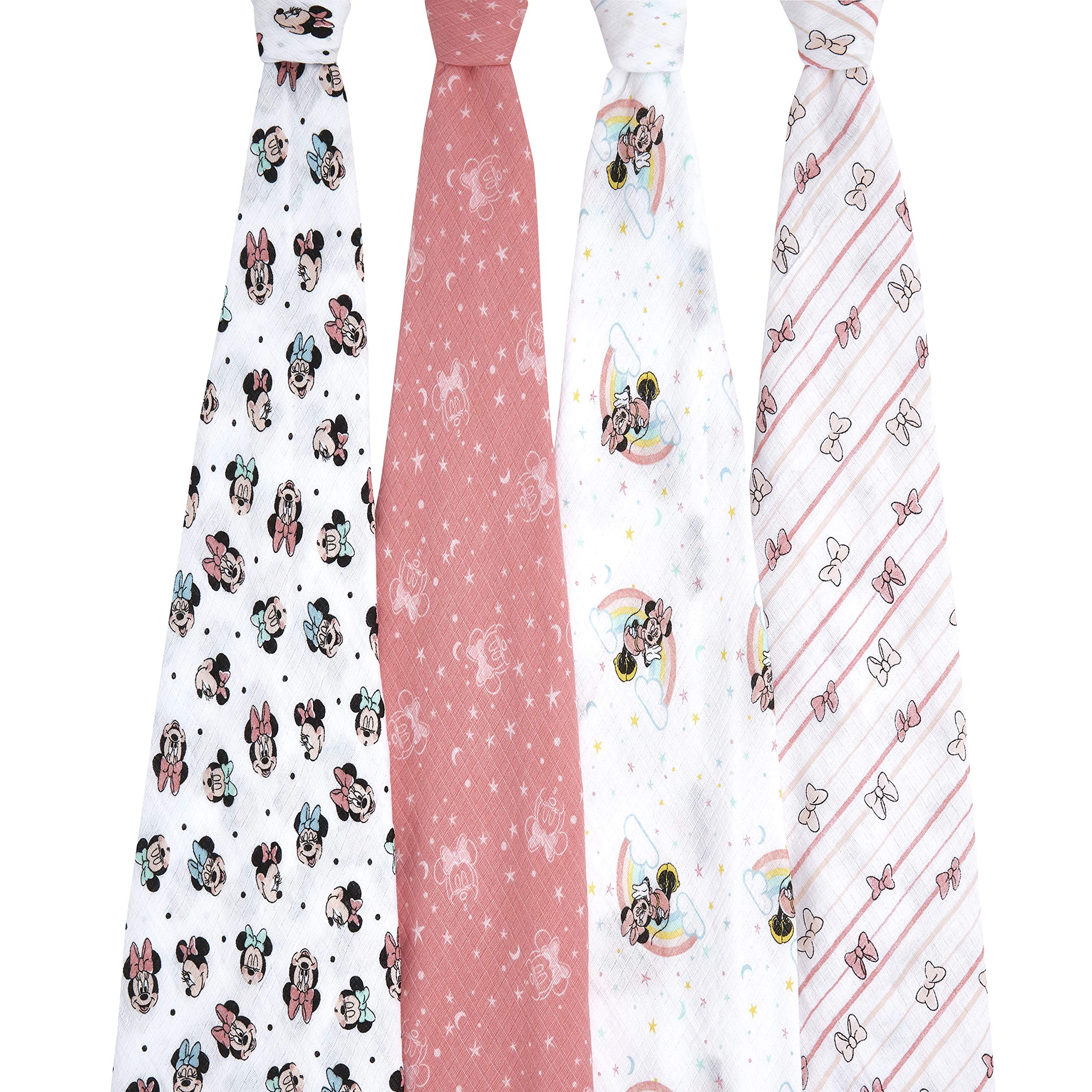 Aden + Anais Muslin Swaddle Blankets for Baby Boys & Girls - 4 Pack Soft Breathable Receiving Blankets, Newborn Swaddling Wraps, Perfect Baby Shower Gift Set with Minnie Mouse Rainbow Design - Ideal for Nursery, Travel & Photo Shoots