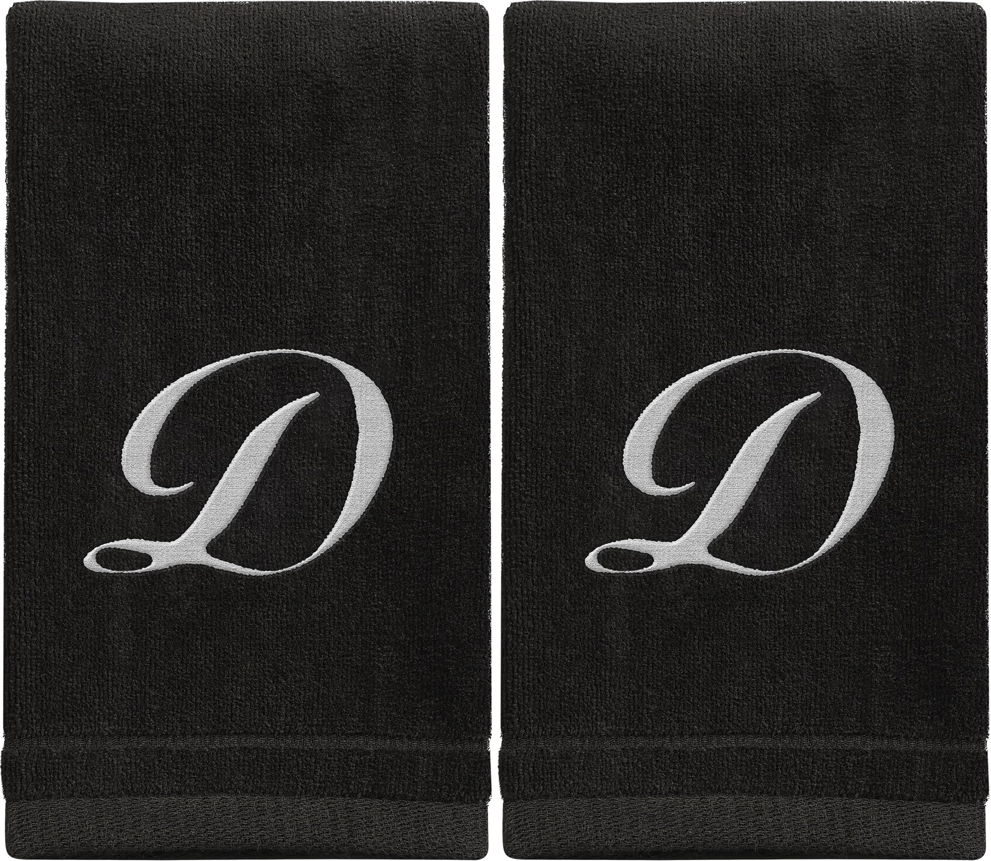 Personalized Monogrammed Towels Set of 2 - 11x18 Inch Extra Absorbent 100% Cotton Fingertip Towels with Soft Velour Finish - Embroidered Initial D (Black) - Perfect for Bathroom, Kitchen, Spa & Thoughtful Gift Giving