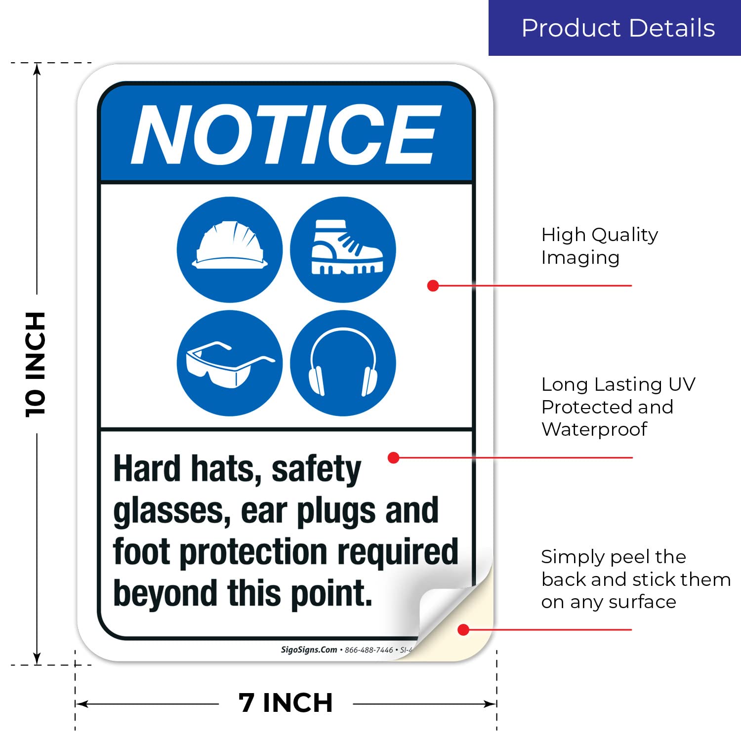 ANSI Safety Sign - Hard Hats, Safety Glasses, Ear Plugs & Foot Protection Required - 10x7 Inch Vinyl Decal Sticker - Weatherproof & UV Resistant - Made in USA - Perfect for Construction Sites, Warehouses & Industrial Workplaces