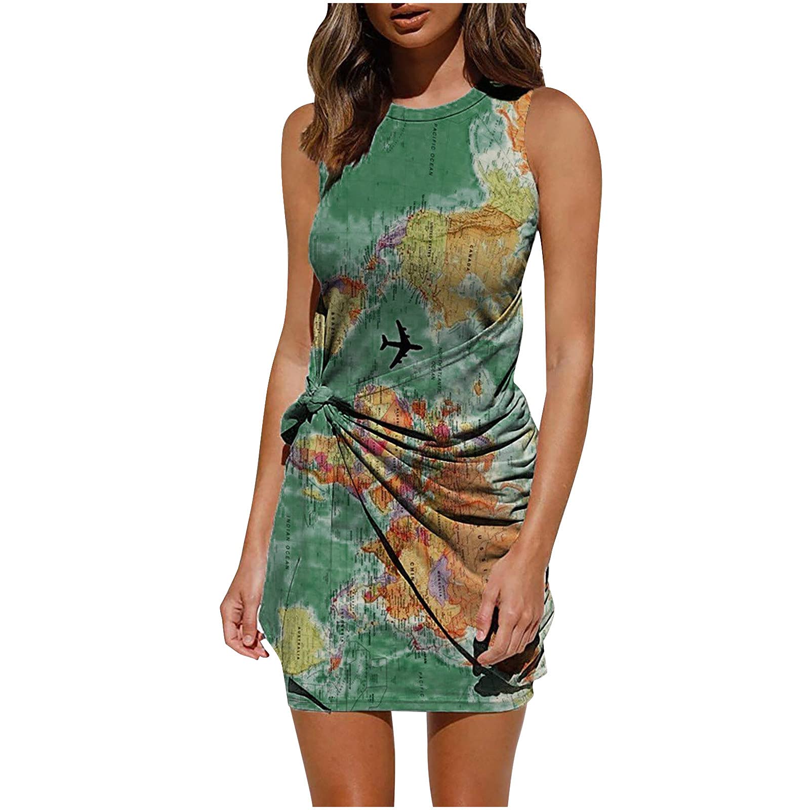 Howley Women's Summer Casual Map Graphic Tank Dress - Sleeveless Wrap Mini Sundress for Beach, Vacation & Outdoor Activities