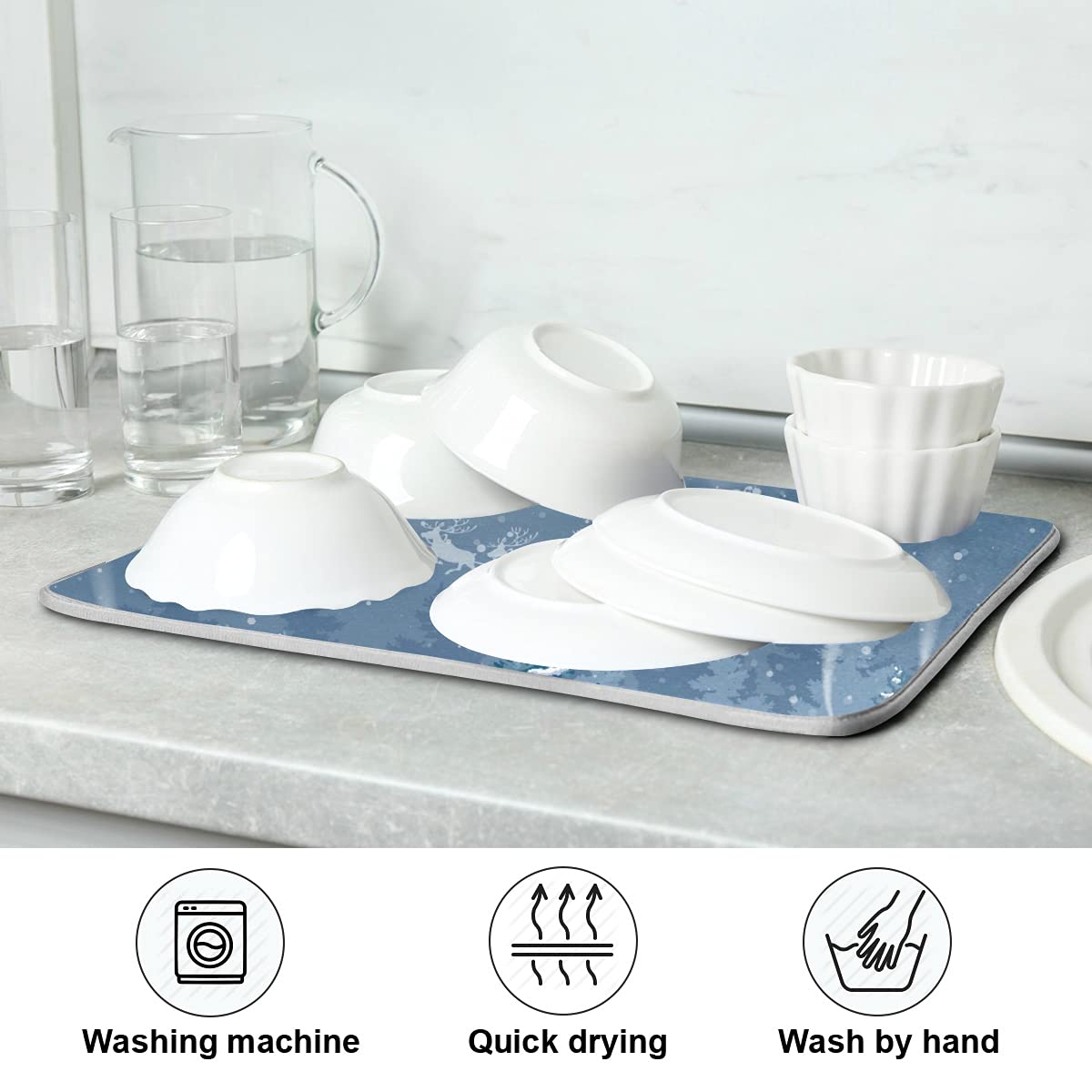 Premium Christmas-Themed Microfiber Dish Drying Mat - Super Absorbent, Heat Resistant Kitchen Counter Pad (16