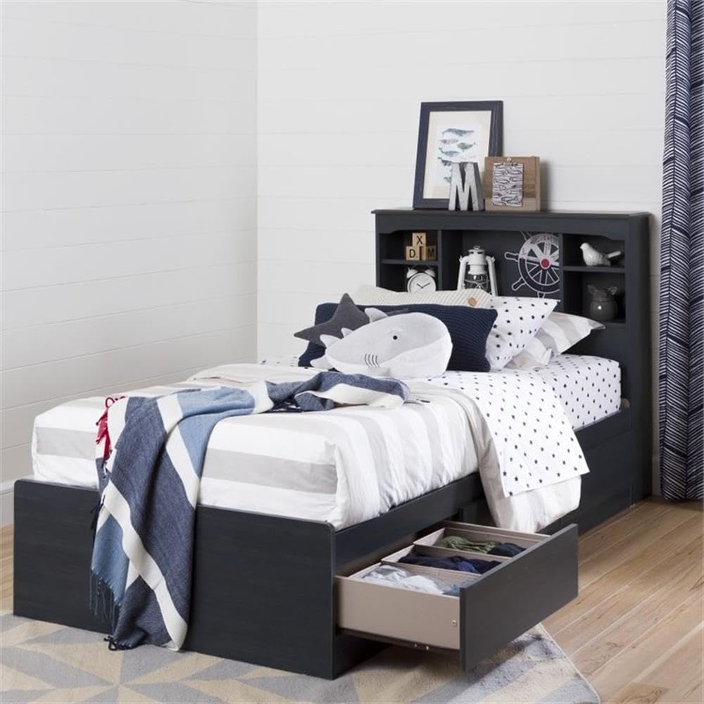 Modern Wood Storage Headboard with 5 Open Shelves - Twin Size, Navy Blue - Perfect for Bedroom Organization & Small Space Living