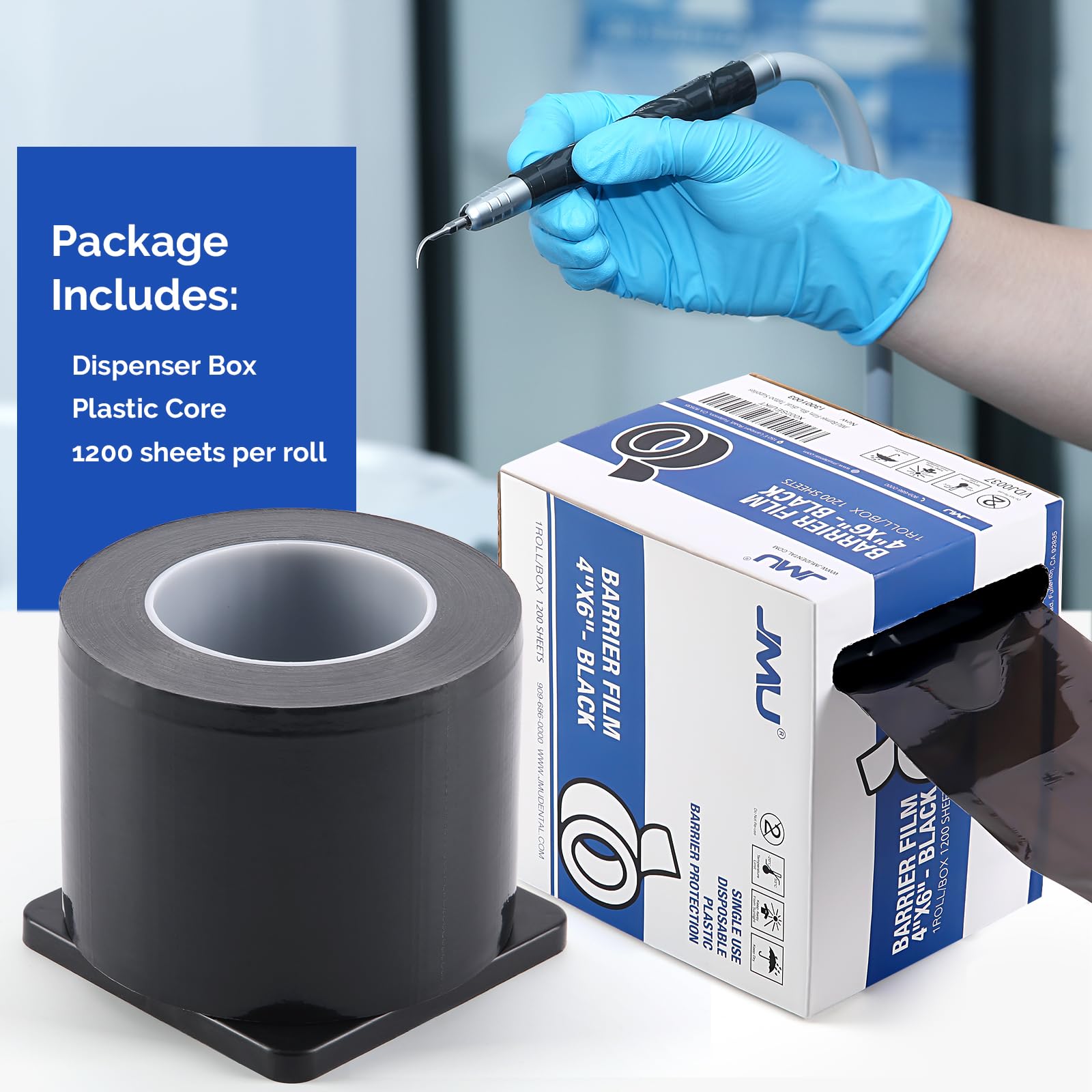 JMU Black Barrier Film 12 Rolls - 4 x 6 Inch Dental Medical Tattoo Tape (1200 Sheets/Roll) - Waterproof Adhesive Protection for Tattoo Aftercare, Dental Procedures & Wound Care