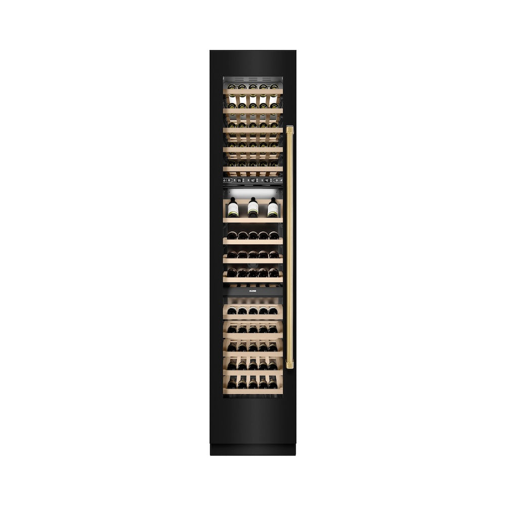 ZLINE Autograph Edition 18 Inch 9.0 Cubic Feet Triple Zone 68 Bottle Left Hinge Column Wine Cooler - Black Stainless Steel with Polished Gold Accents (RCWVLZ BS 18 G) - Perfect for Home Bars, Wine Cellars, and Entertaining Spaces