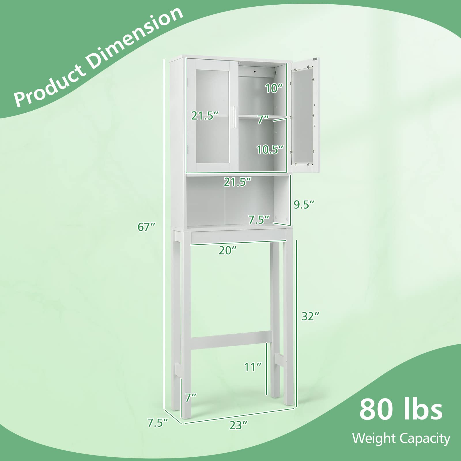 Over The Toilet Storage Cabinet - Bathroom Organizer with Frosted Glass Doors, Adjustable Shelves & Open Compartment - Freestanding Toilet Rack for Washroom, Laundry & Bath Essentials (67