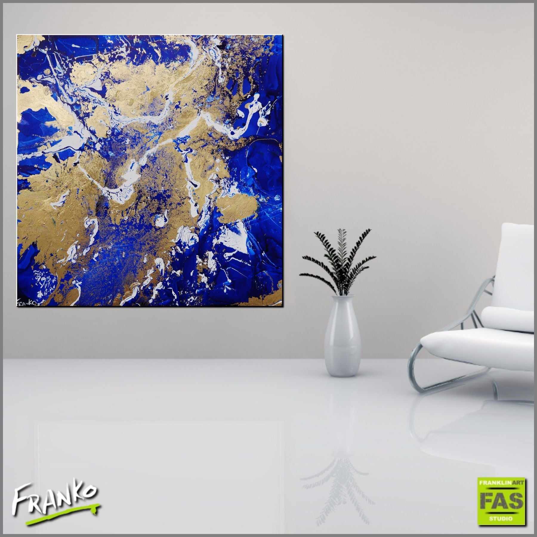 Fluid Gold 120x120cm Blue Metallic Gold Abstract Canvas Art - Modern Wall Decor for Living Room, Bedroom & Office